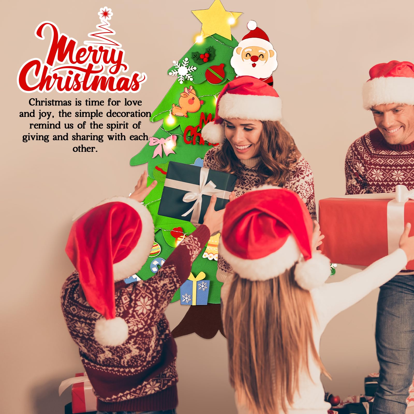 Filz-Weihnachtsbaum für Kinder – 100 cm Wandfilz-Weihnachtsbaum für Kleinkinder mit Lichtern und 34 Ornamenten, DIY Weihnachtsdekorationen