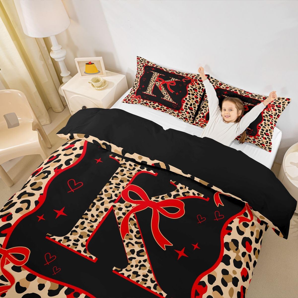 jejeloiu Red Brown Leopard Duvet Cover Toddler Size Red Bowknot Comforter Cover for Boys Girls Initial Letter A Bedding Set 2Pcs Cute Girly Bow Room Decor