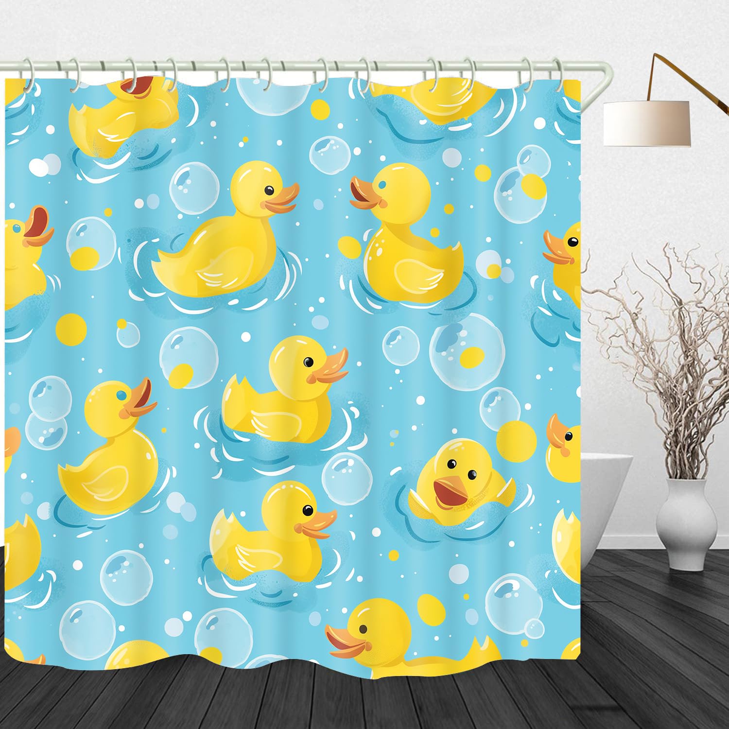 VANZEV Rubber Duck Shower Curtain Soap Bubble on Blue