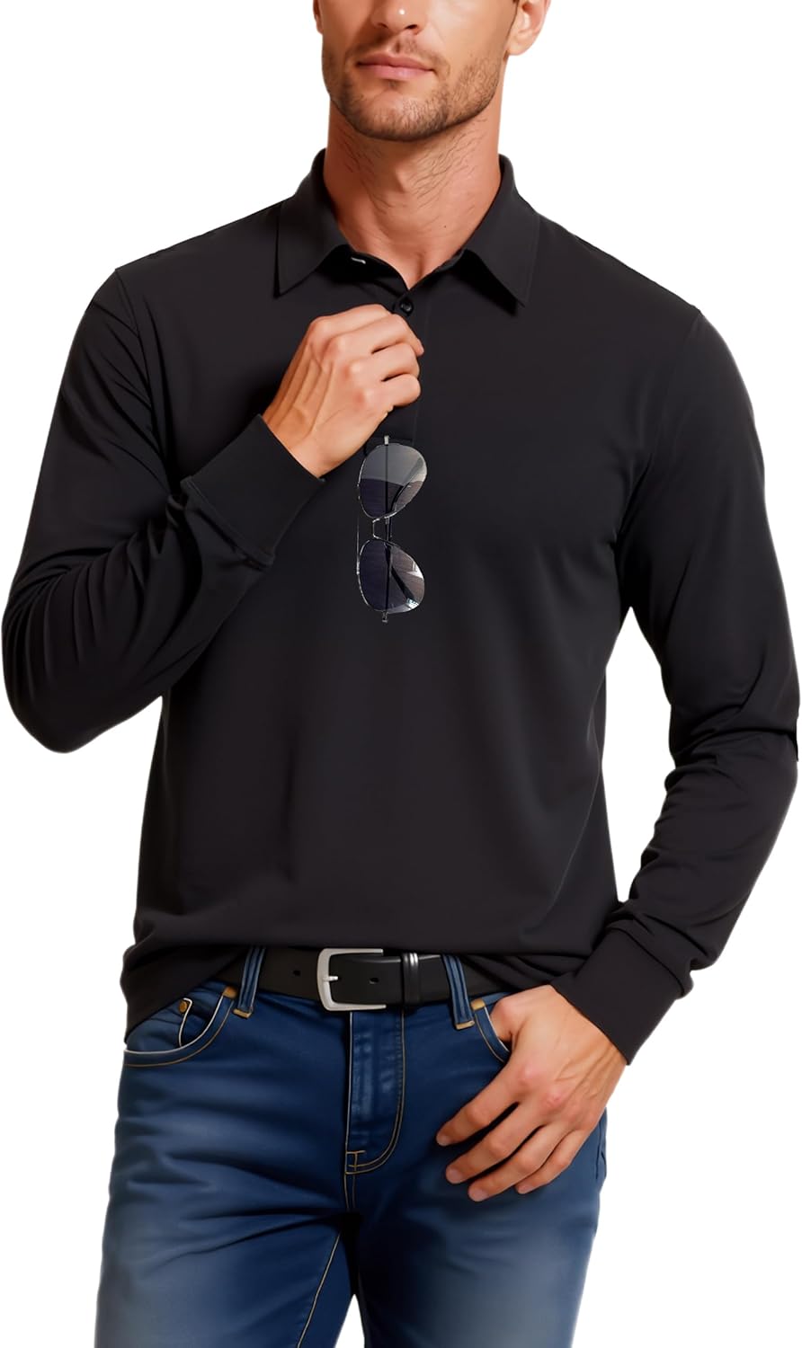 Men's Casual Long Sleeve Polo Shirts Performance Side Split Collared Golf Shirts with Sunglass Loop UPF 30+