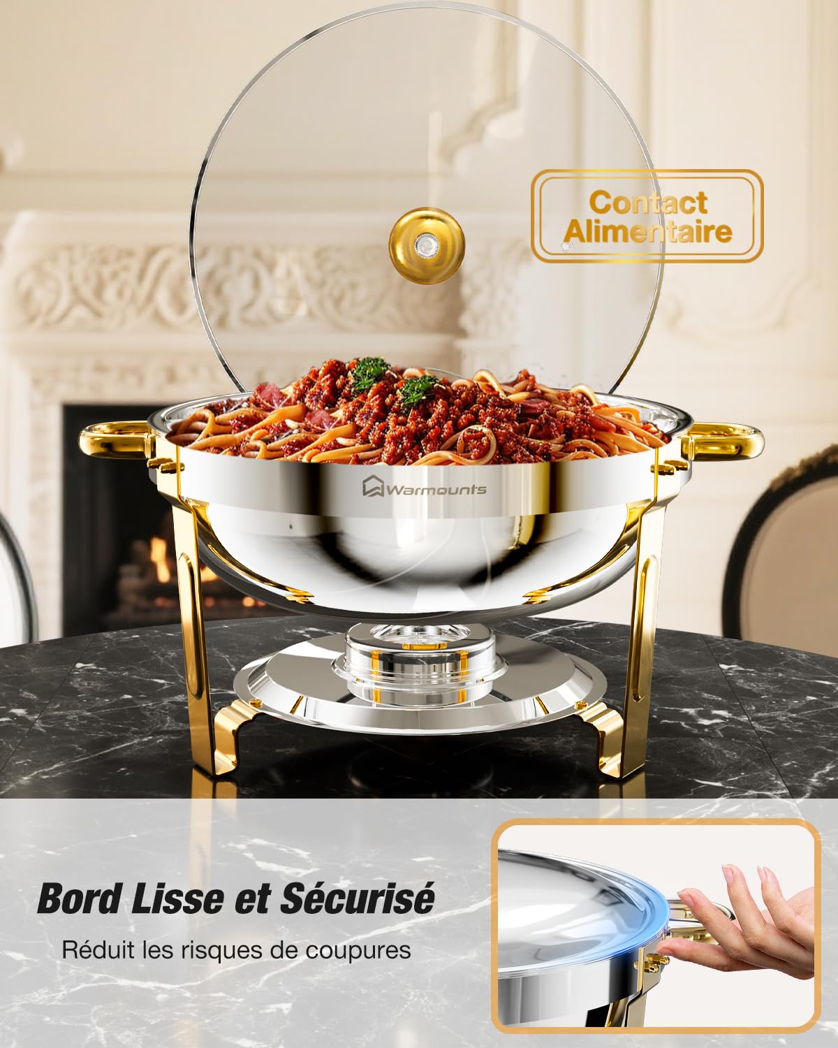 WARMOUNTS Lot de 4 Chafing Dish Argent & Doré 5 L, Réchaud à Buffet avec Couvercle en Verre, Buffets Chauffants en Acier Inoxydable Idéal pour Fêtes, Événements, Mariages, Dîners, Noël et Camping
