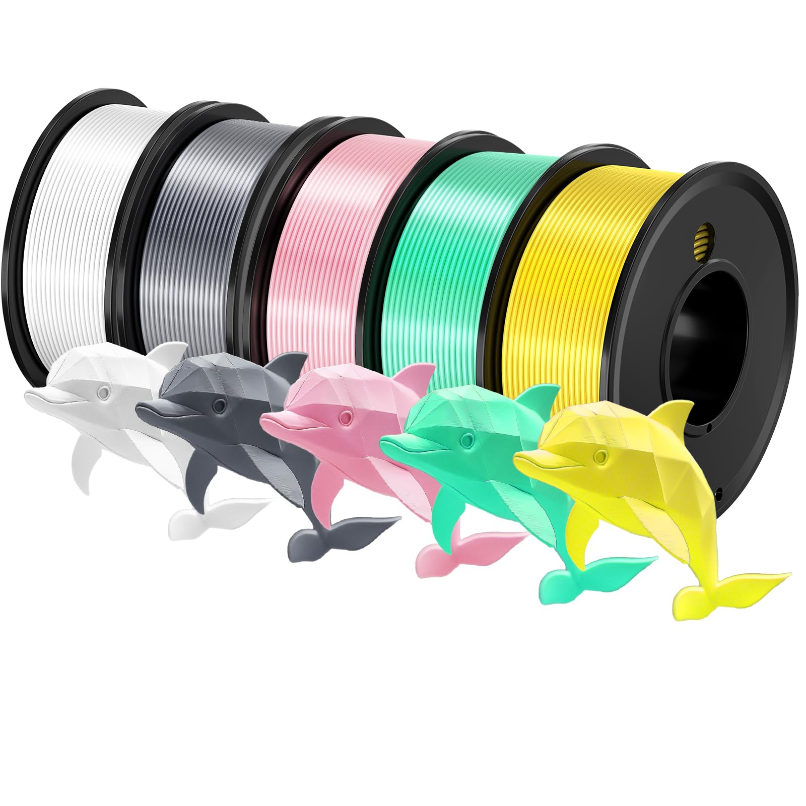 Lot de 5 filaments d'impression 3D - 5 couleurs - Blanc, argent, rose, vert, jaune - Précision dimensionnelle de 1,75 mm - Précision dimensionnelle ± 0,02 mm - Bobines de filament remplies sous vide