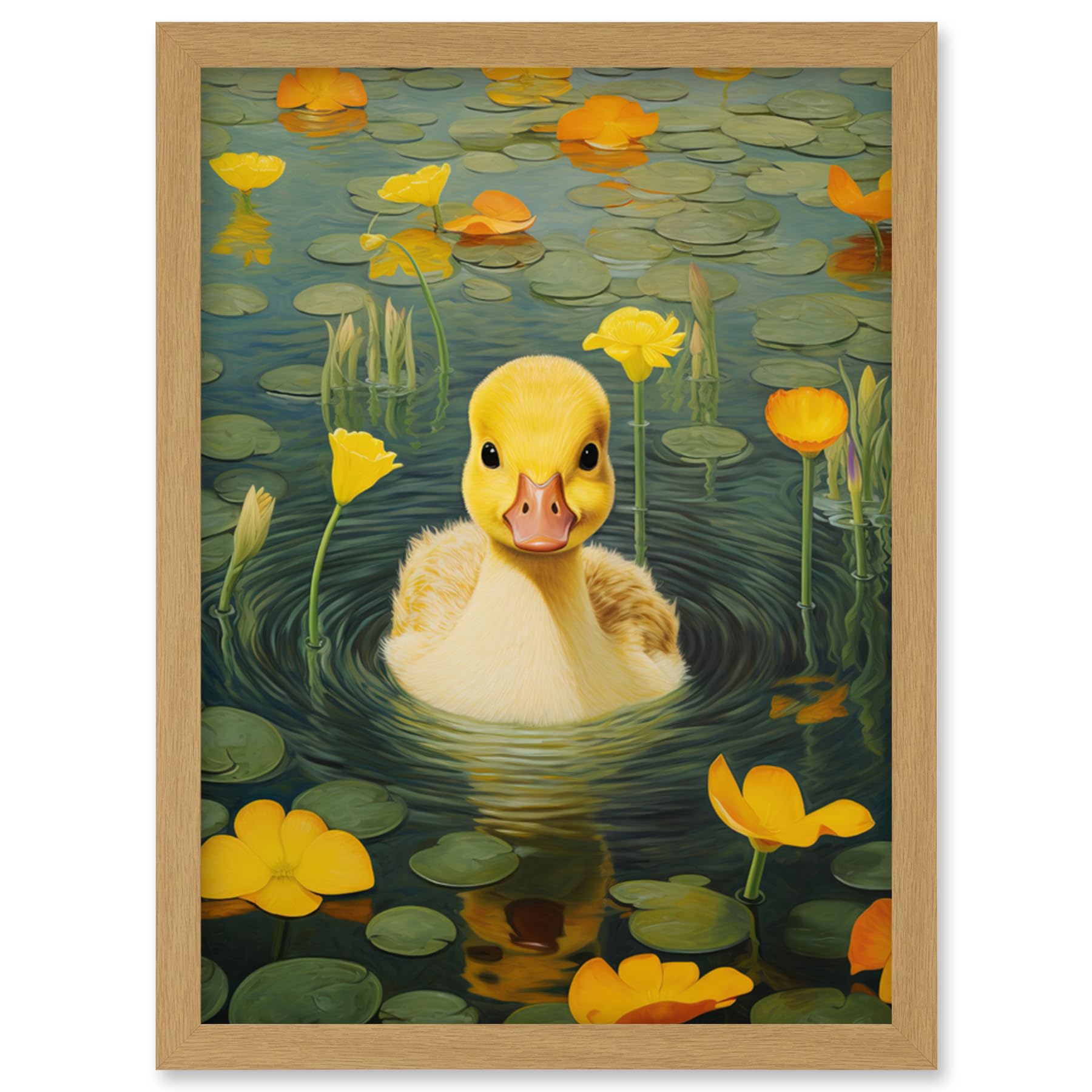 Artery8 Whirlpool Duckling Lily Pads and Flowers Kids Bedroom Nursery Artwork Framed Wall Art Print A4