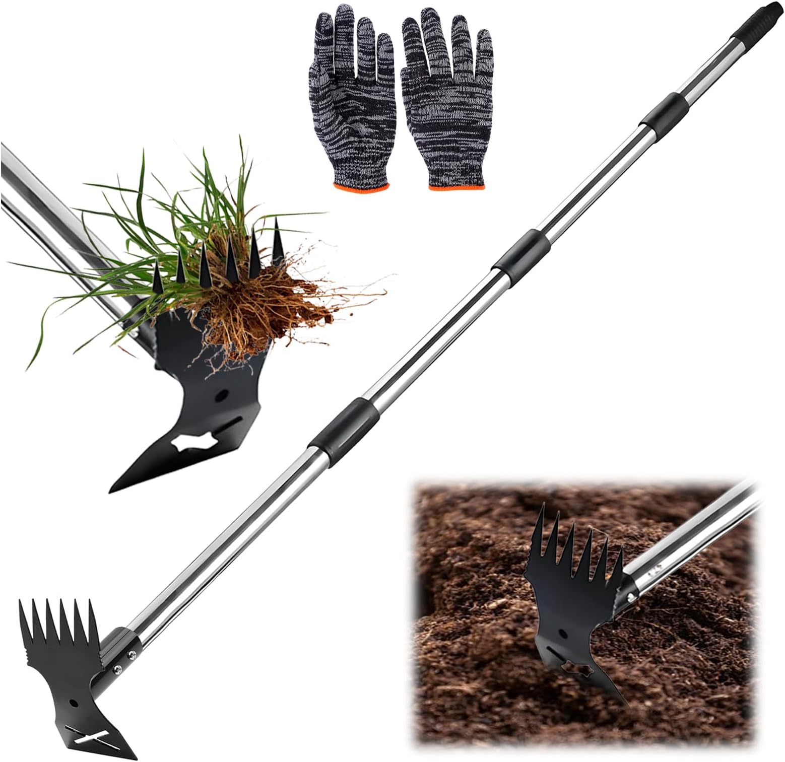 Weed Puller, 160 cm Weed Remover Gardening Tools with Long Handle 2 in 1 Manual Weeds Rake and Garden Hoe with Detachable Pole & Gloves Gardens Tools for Yard Lawn Garden Patio