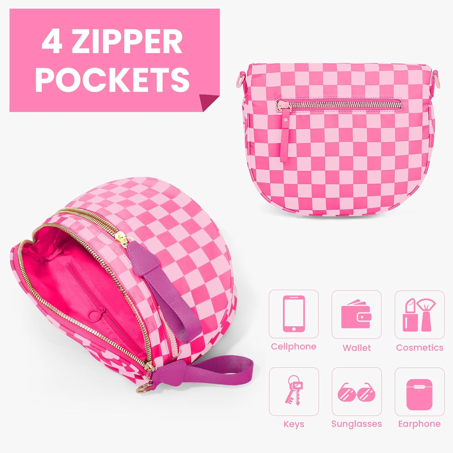 Lushandy Bum Bag Women's Checkered Crossbody Bag Nylon Cross Body Bags Plaid Mom Everyday Purse for Travel - Image 4