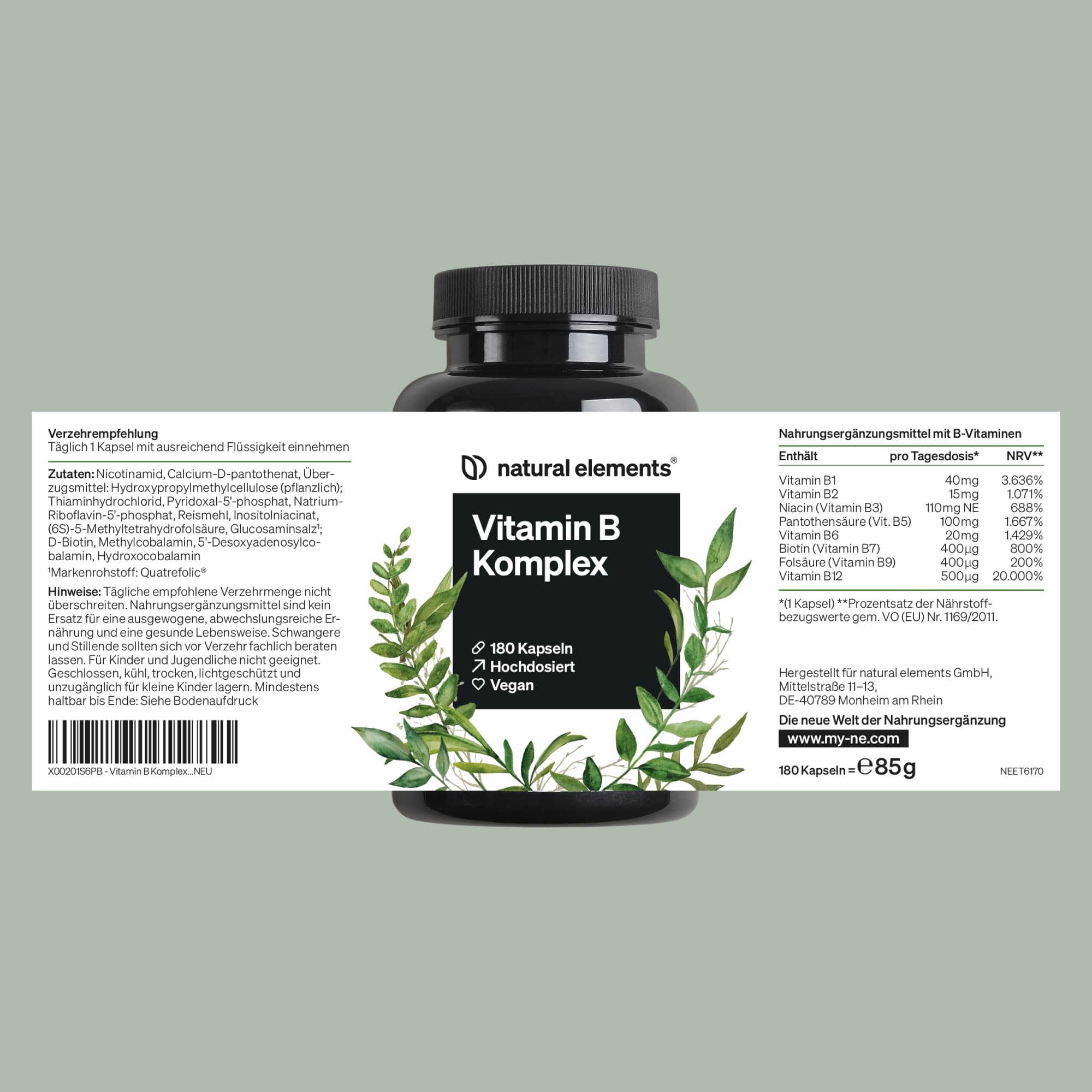 natural elements Vitamin B Komplex - 180 Kapseln - Hochdosiert: Mit 500 µg Vitamin B12 - alle 8 B-Vitamine (B1, B2, B3, B5, B6, B7, B9, B12) - vegan, in Deutschland produziert & laborgeprüft