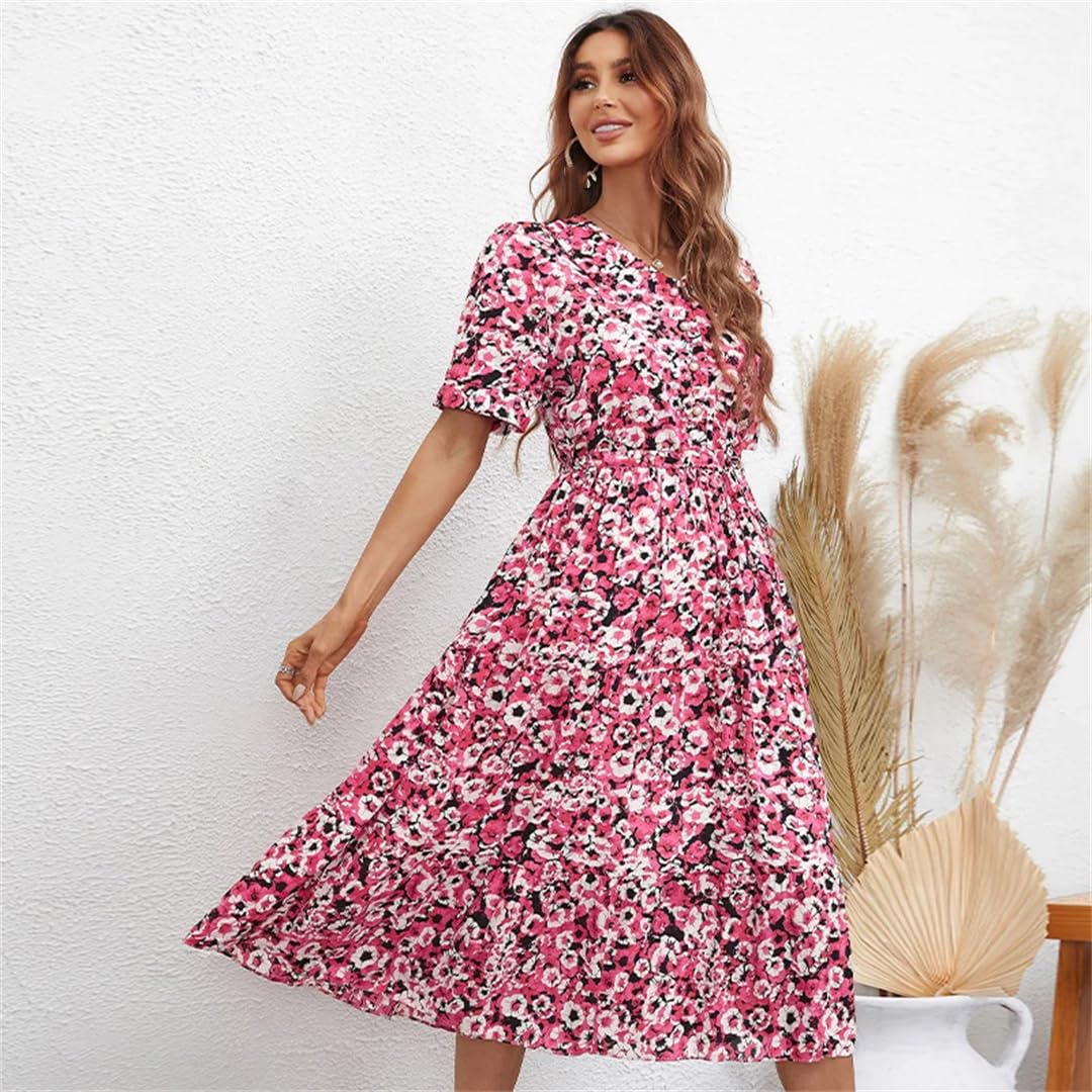 Vestido largo de manga corta con estampado floral para mujer, vestido largo de verano, oficina, fiesta, acampanado, vestido midi