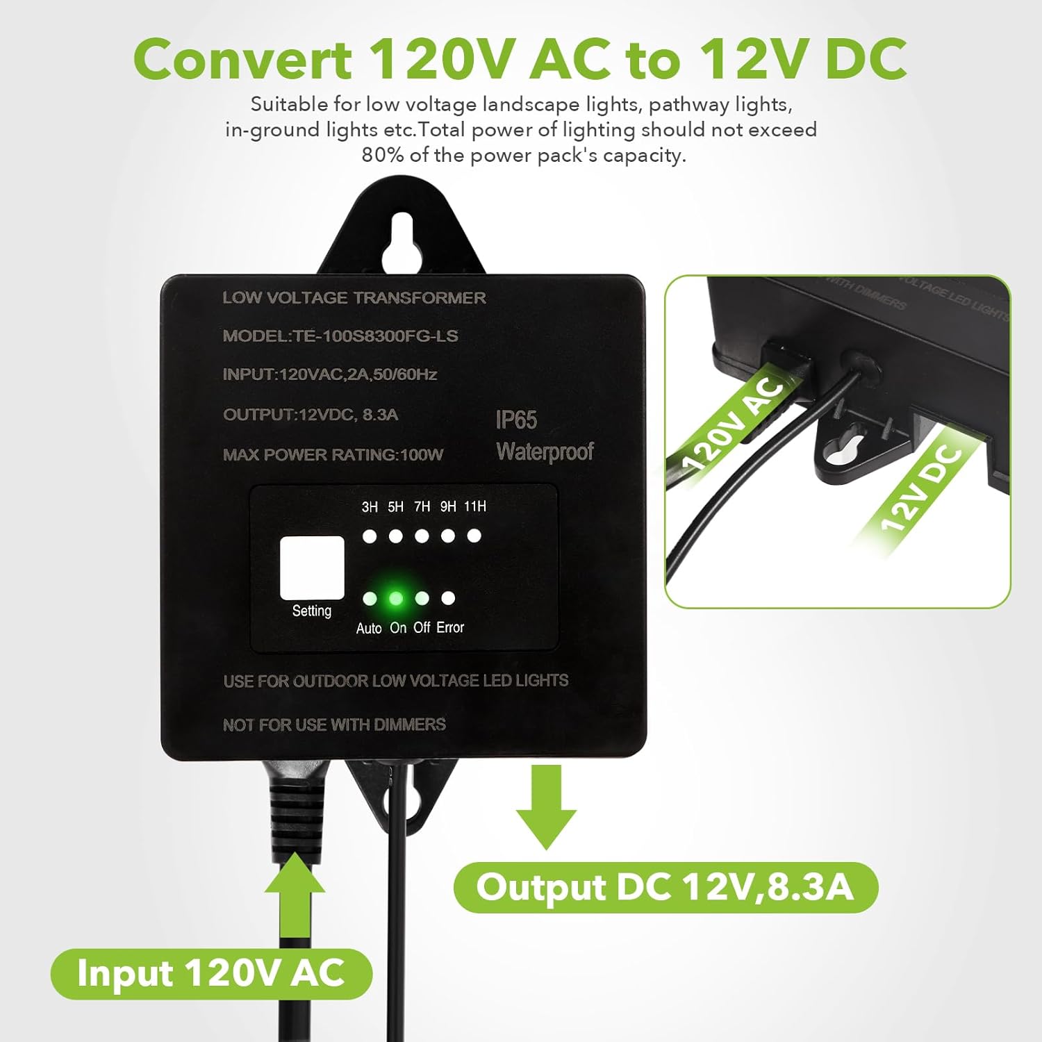 100W Low Voltage Landscape Transformer,Waterproof Low Voltage Transformer with Timer and Photocell Sensor,120V AC to 12V DC Landscape Lighting Transformer for Outdoor LED Spotlight Path Light