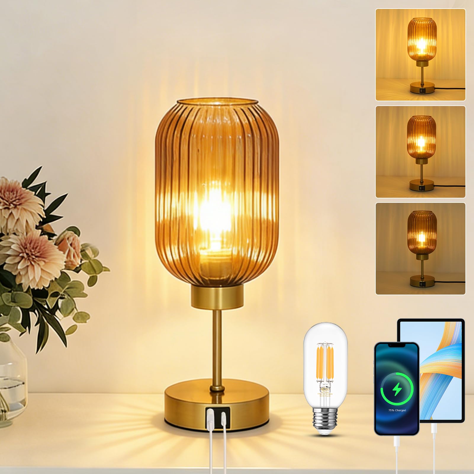 LAMSU Vintage Gold Touch Table Lamp, Small Desk Lamp with Amber Glass Shade, Bulb, Charging Port, Mid Century Modern Bedside Lamp, 3 Way Dimmable Nightstand Lamp for Bedroom Living Room Home Office