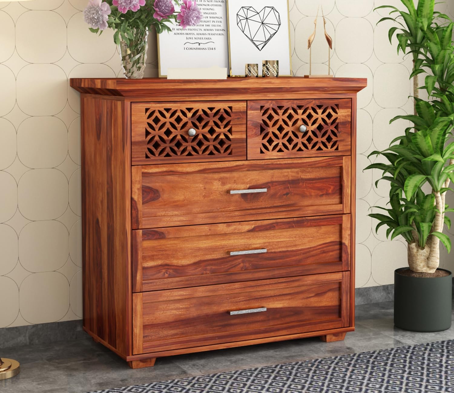 Handcrafted Sheesham Wood Dressers Chests of 5 Drawers | Kitchen Crockery Cabinet Unit | Sideboard Storage Cabinets | Bedroom Furniture | Wooden Chests of Drawers (Honey Finish)-image-30