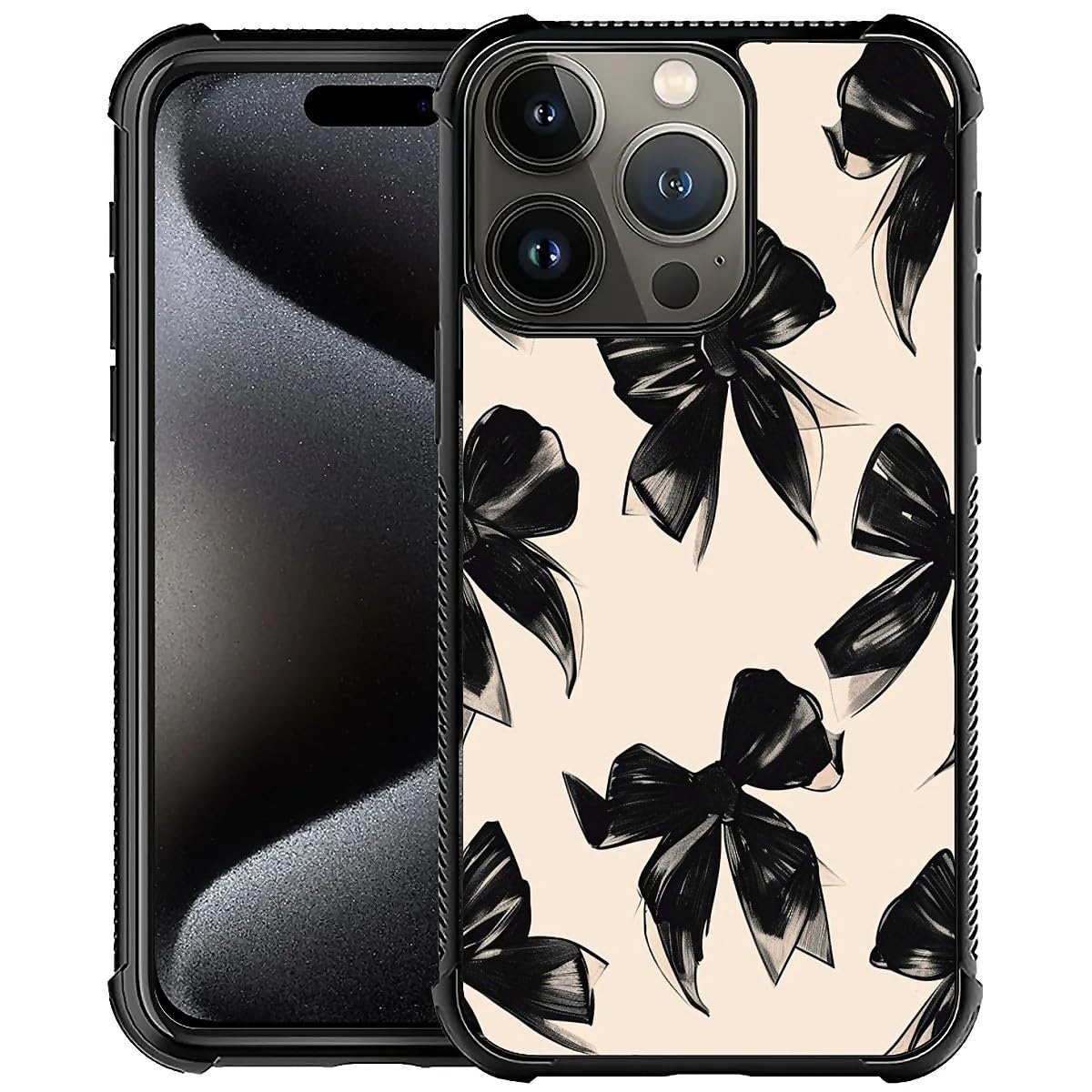 Goodsprout Phone Case Compatible with iPhone 16 Pro,Black Bow Art Girl Cases, Tempered Glass Back+Soft Silicone TPU Shock Protective Case for iPhone