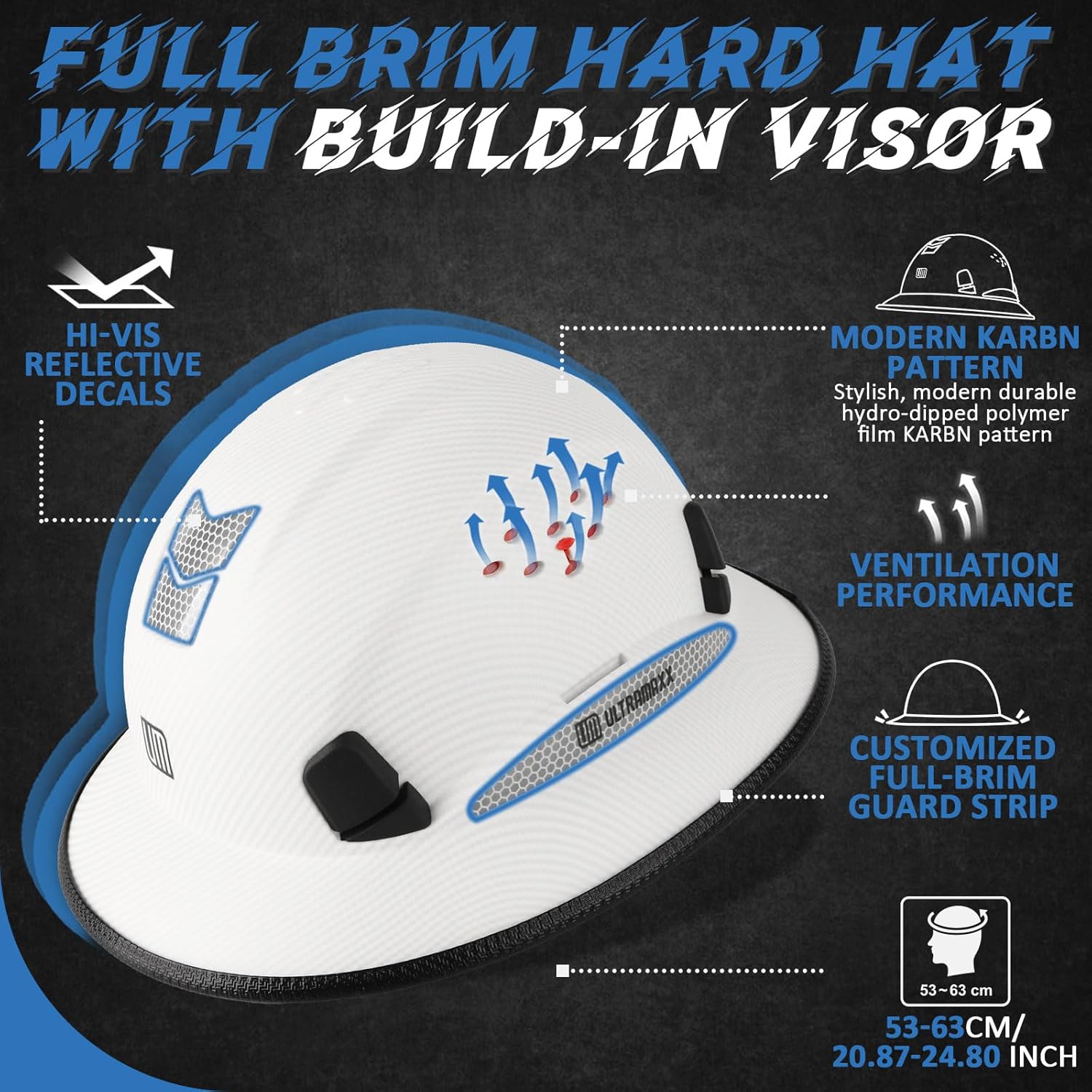 UM ULTRAMAXX Full Brim Hard Hat with Built-in Visor, ANSI Z89.1 OSHA Approved Construction Safety Helmet with Chin Strap for Men Women