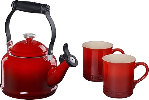 Le Creuset Juego de 2 tazas de esmalte en acero con acabados metálicos y cerámica, 1.25 cuartos de galón de agua y (2) tazas de 14 onzas, color