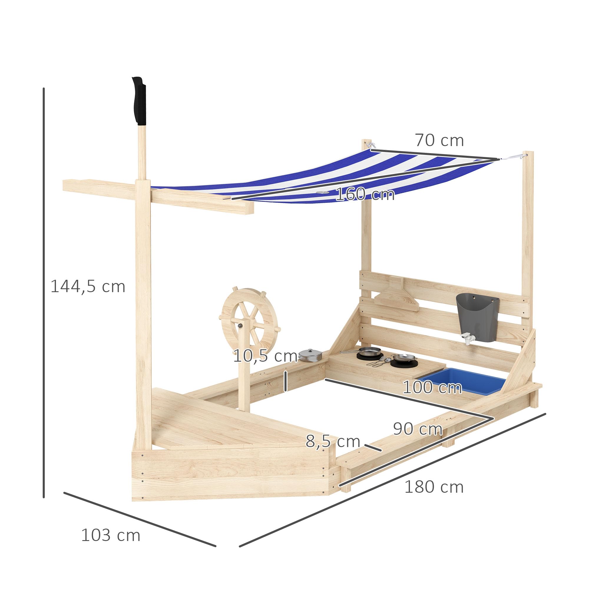 Outsunny Arenero para Niños de Madera Arenero Infantil con Toldo Volante Juguetes de Cocina y Forma de Barco Pirata para Patio Jardín 180x103x144,5 cm Natural