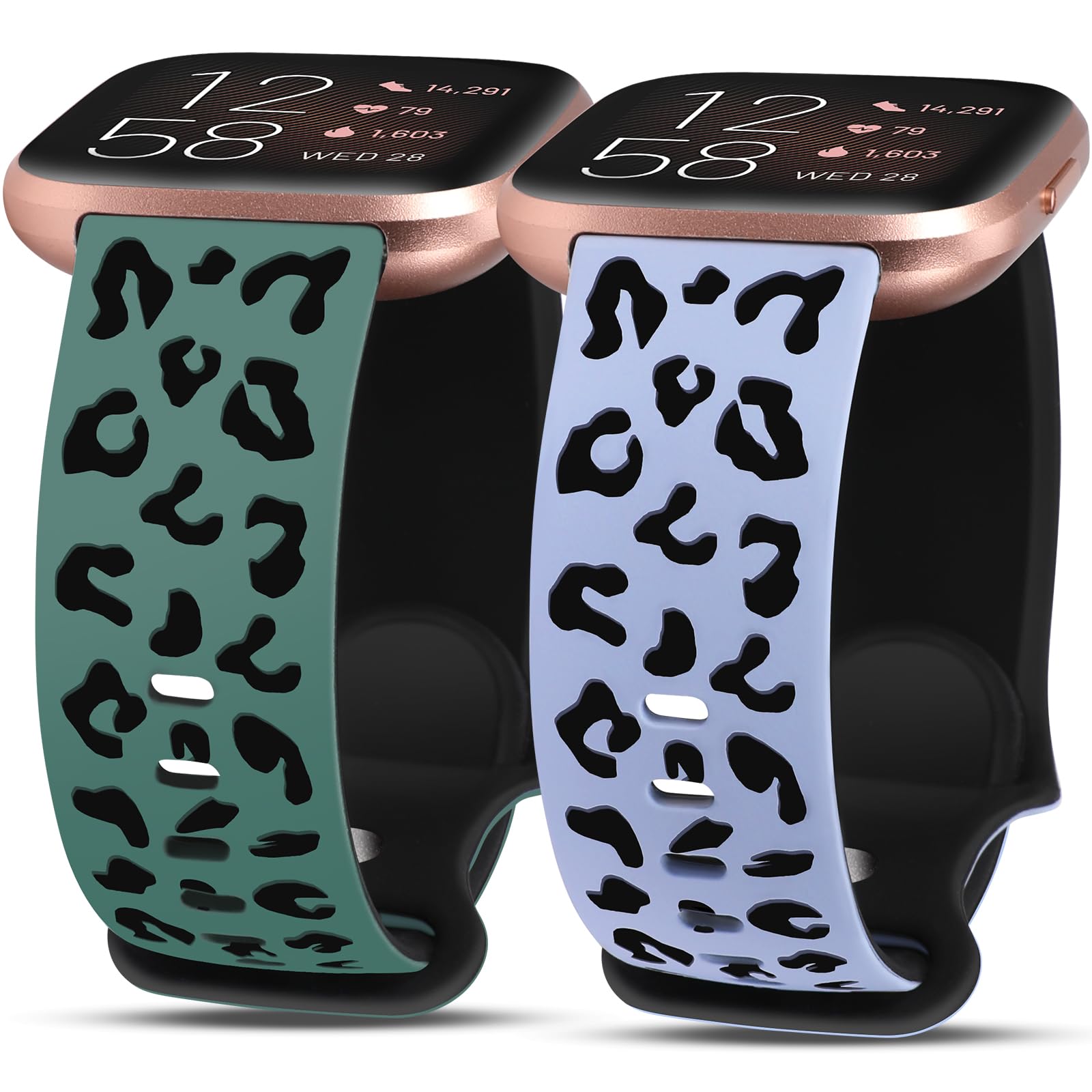 Minyee 2 Packs Leopard Engraved Band Compatible with Fitbit Versa 2/Fitbit Versa/Versa Lite Bands Women, Two-Tone Cheetah Soft Silicone Sport Designer