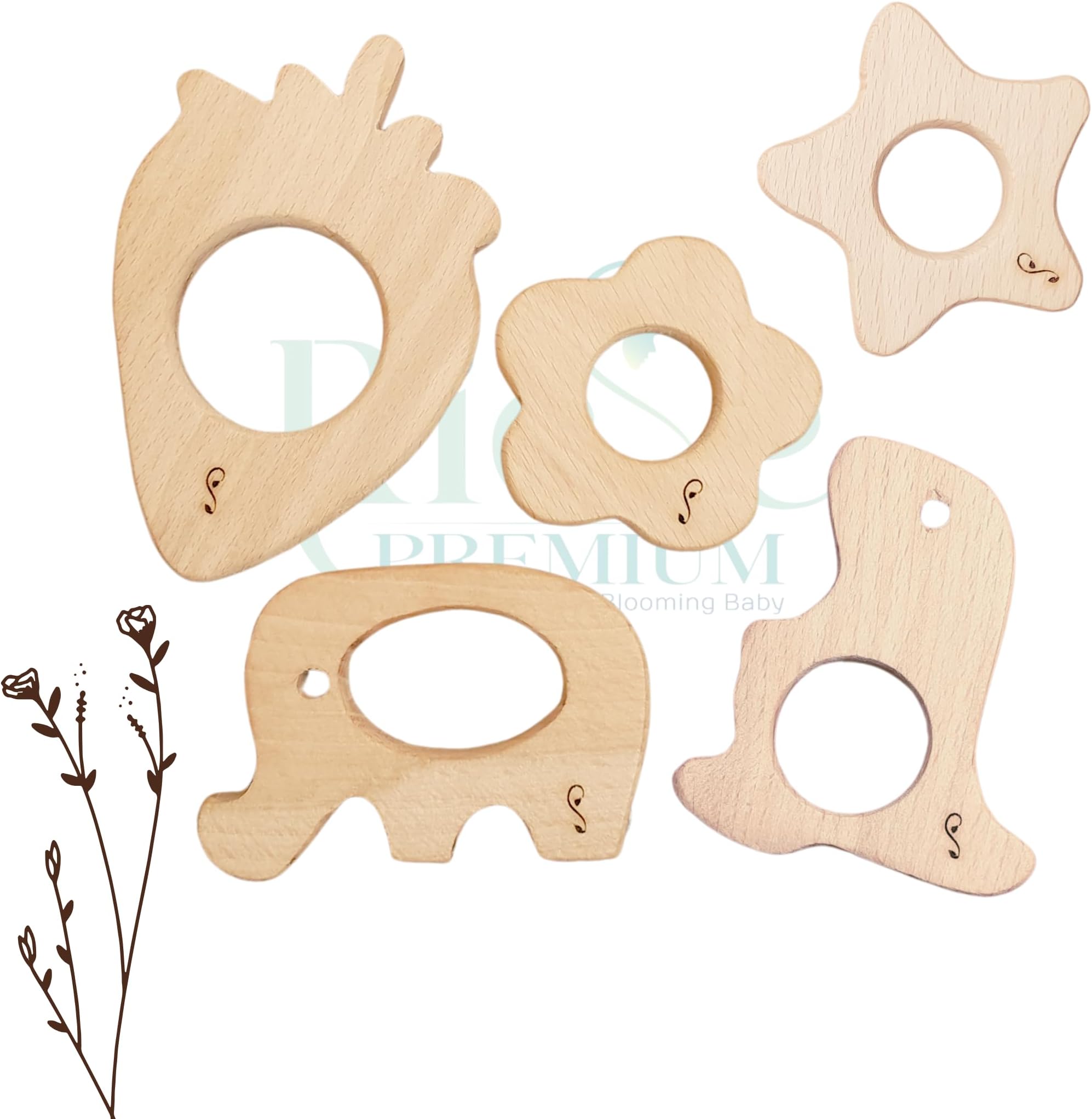 RIESE PREMIUM Infant steam Beech Soft Wooden Teethers in Different Shape| 100% Natural| Toxic Free teethers| Child Safe Teethers| Organic Teethers| Set of 5 pcs (Strawberry_Star_Flower_Dino_Elephant)