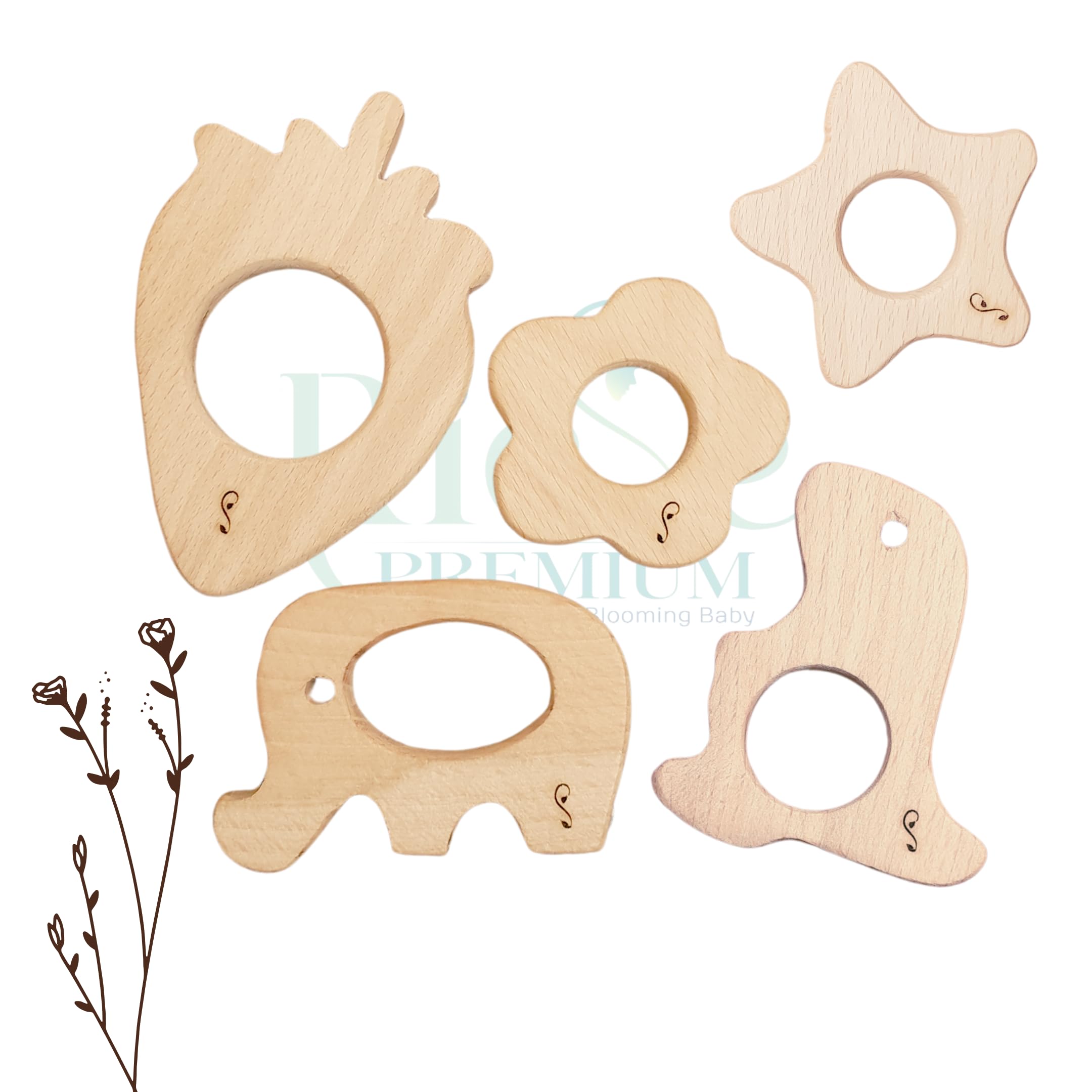 RIESE PREMIUM Infant steam Beech Soft Wooden Teethers in Different Shape| 100% Natural| Toxic Free teethers| Child Safe Teethers| Organic Teethers| Set of 5 pcs (Strawberry_Star_Flower_Dino_Elephant)