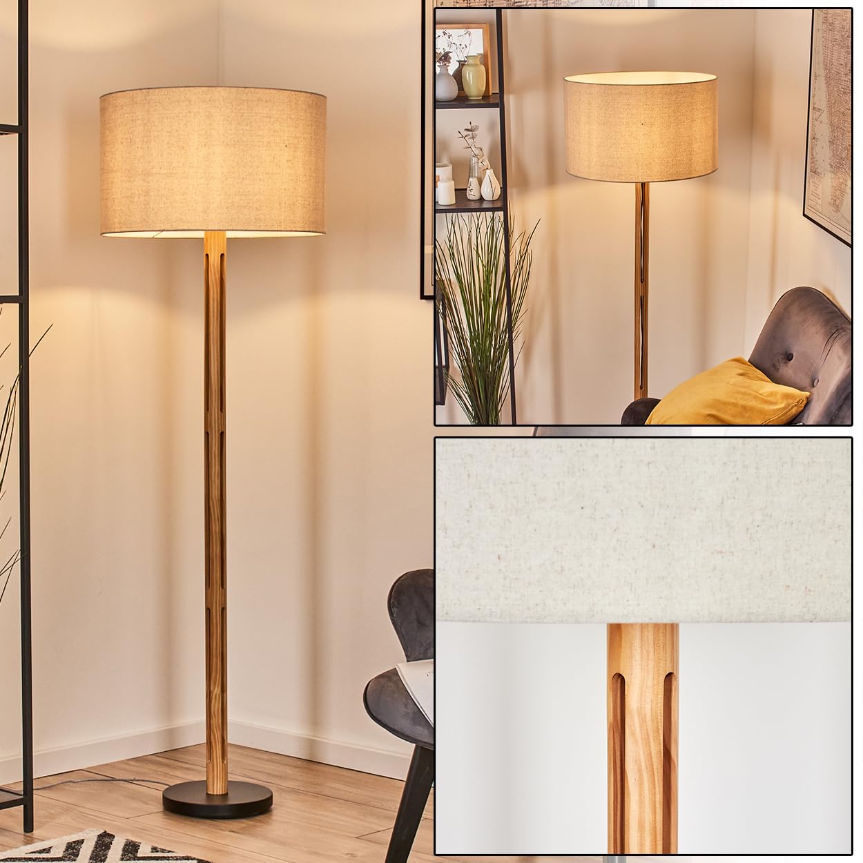 HOFSTEIN Stehleuchte Flemming, Stehlampe aus Metall/Holz im modernen Boho-Design, Schirm aus Stoff, Ø 50 cm, 158 cm, E27, mit Fußschalter - Wohnzimmer, Schlafzimmer, Esszimmer, Flur