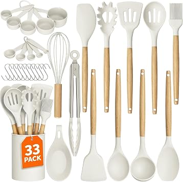 WISELIFE Kitchen Utensils Set - 33 PCS, Heat-Resistant Silicone Cooking Utensils Set with Wooden Handle, BPA-Free Kitchen Gadgets Spatula Sets with Holder for Nonstick Cookware White