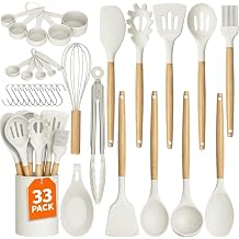 WISELIFE Kitchen Utensils Set - 33 PCS, Heat-Resistant Silicone Cooking Utensils Set with Wooden Handle, BPA-Free Kitchen Gadgets Spatula Sets with Holder for Nonstick Cookware White