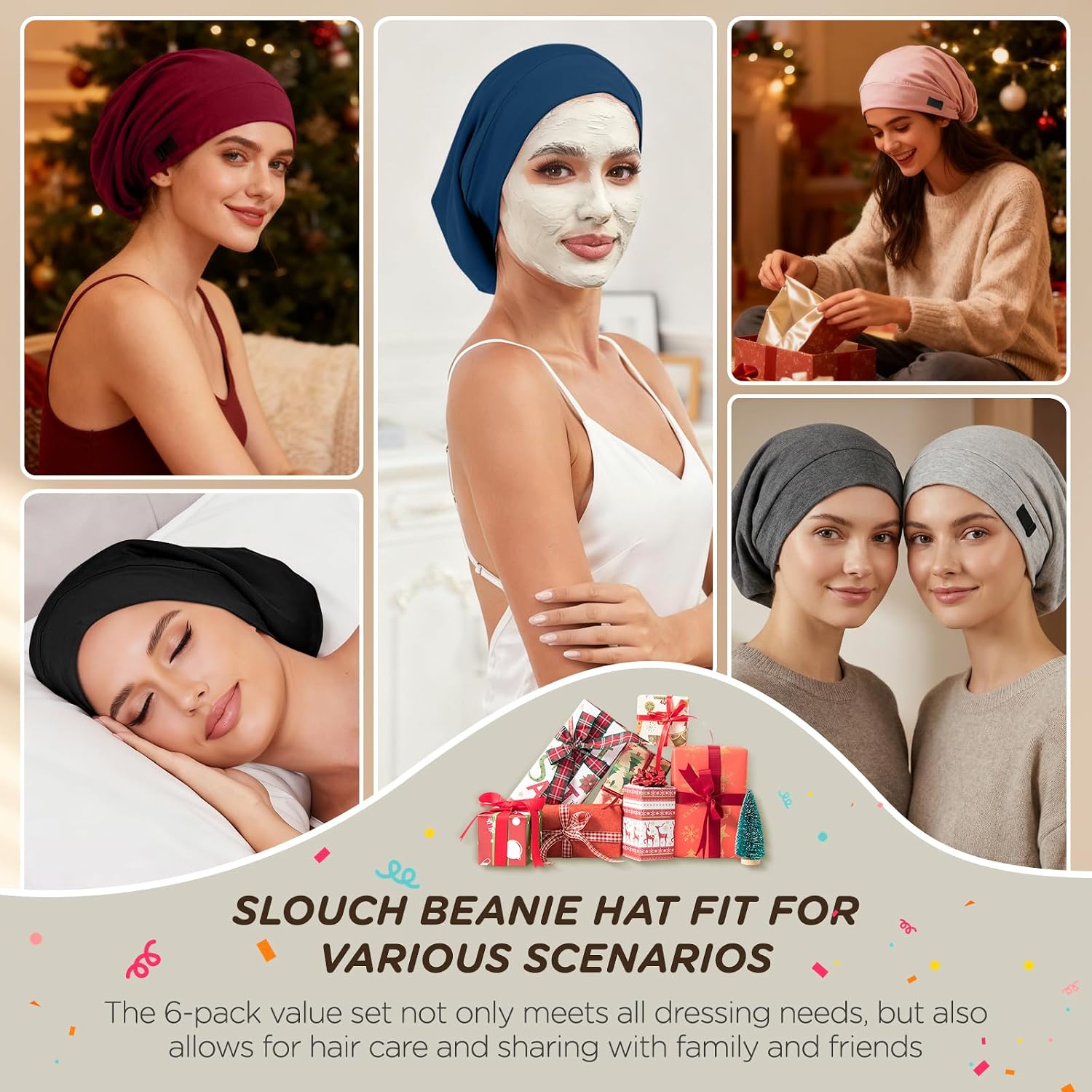 6Pcs Satin Lined Bonnet for Sleeping Women Men, Adjustable Slouchy Beanie Hat, Night Sleep Cap Hair Wrap for Curly & Natural Hair
