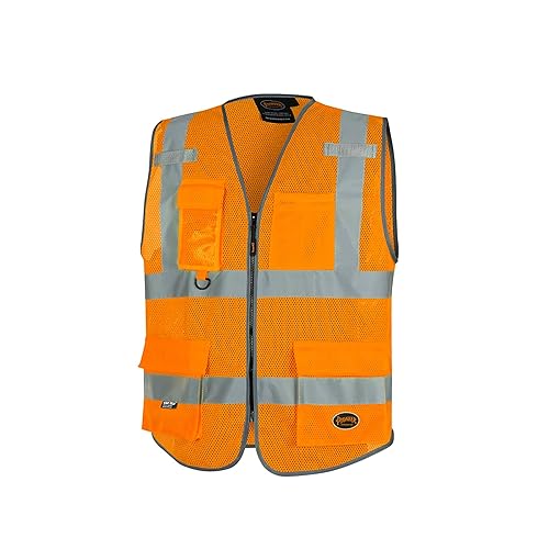 Miniatura 8 de Pioneer Chaleco de seguridad para hombre, malla reflectante Hi Vis, 9 bolsillos, cremallera, construcción, tráfico, trabajo de seguridad, naranja,
