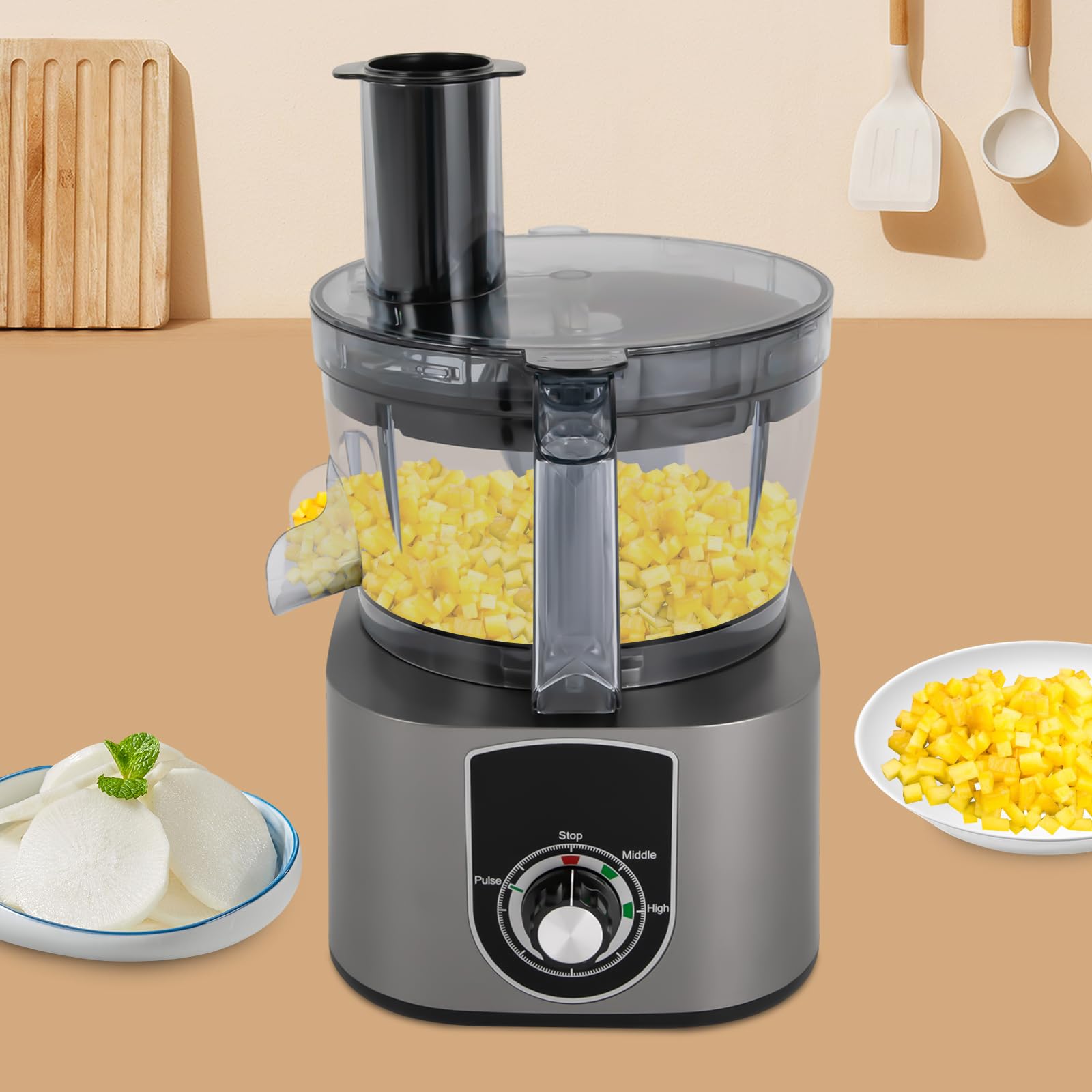 Robot de cocina, 3 en 1, cortadora de frutas, 600 W, 7 L, incluye barra de empuje y 2 cuchillas de rejilla para cebollas, zanahorias, jamón, etc