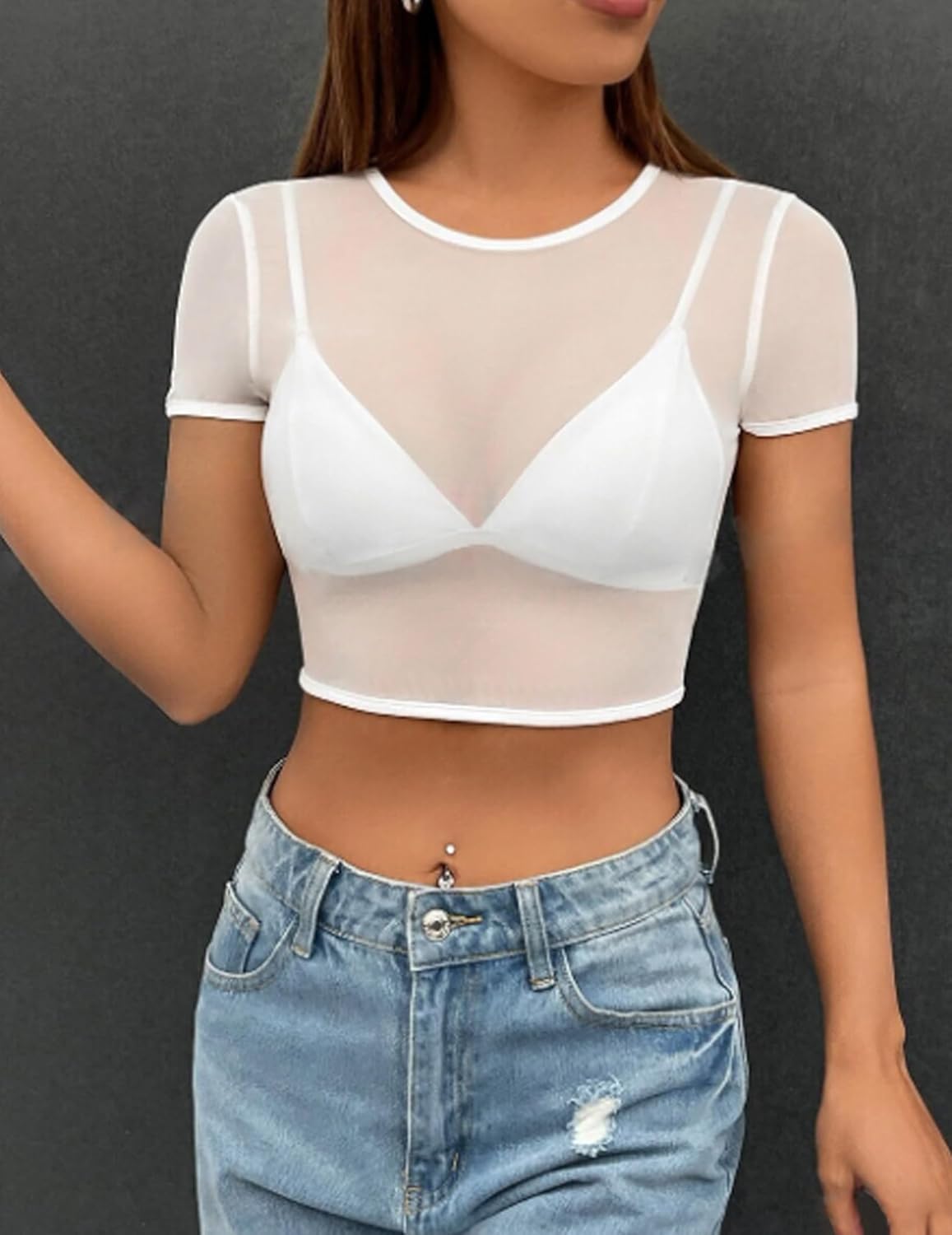 ADOME Mesh Top Mesh Crop Top Plus Sheer Cropped Shirt Black Crop Short Sleeve S-XXL - Image 2