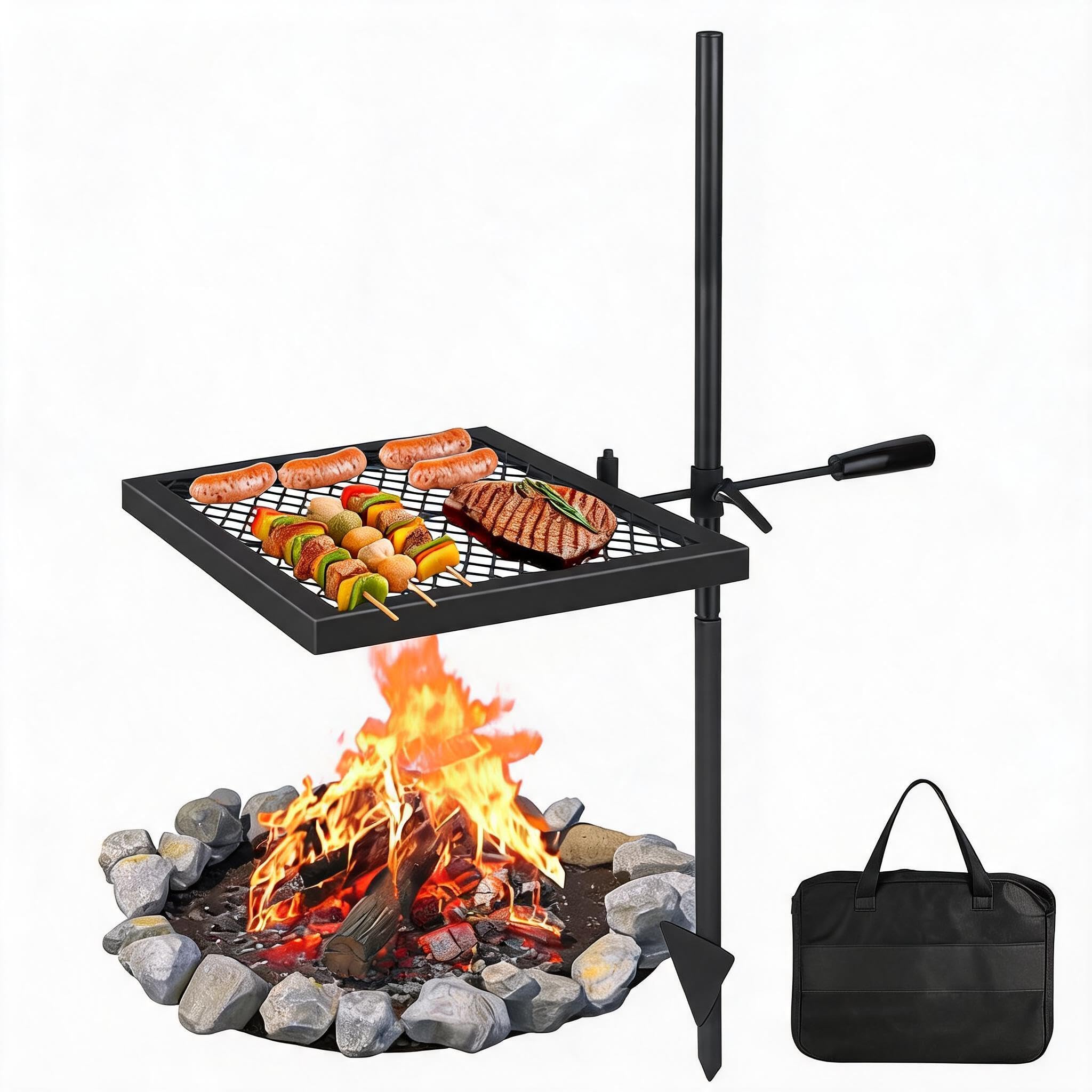 GarveeMore Heavy Duty 360° Swivel Campfire Grill – Adjustable Height Steel Cooking Grate 16.7x12.6" – Portable Over Fire Pit BBQ Rack with Carry Bag – Vertical Design, One Baking Tray Two Pieces Set