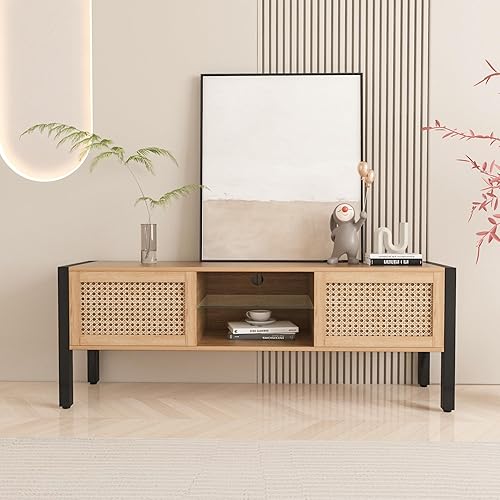 Miniatura 10 de Soporte de TV de madera para TV de más de 65 pulgadas, soporte de televisión bohemio con puertas correderas de ratán natural y estantes ajustables,