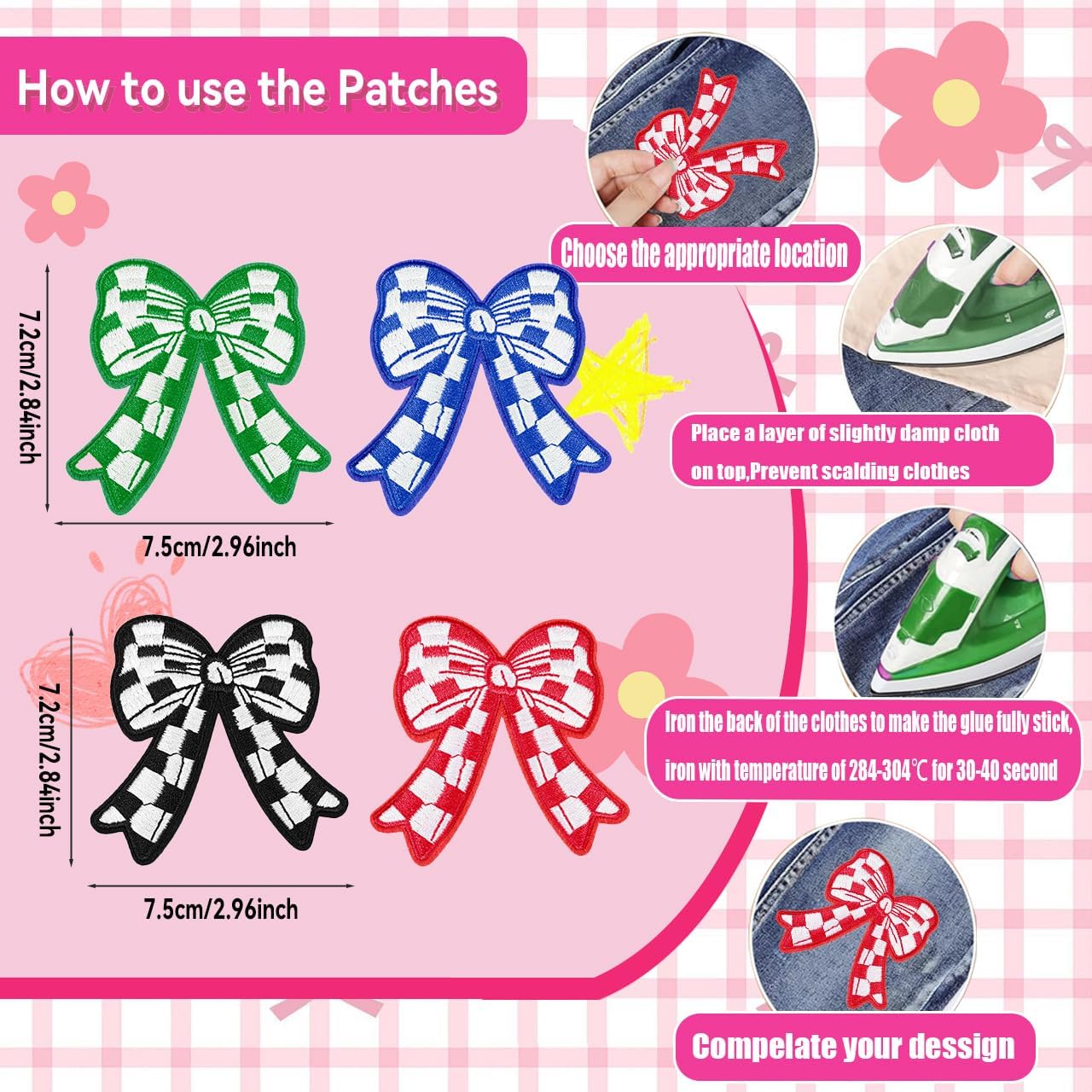 12Pcs Bow Iron on Patches Checkerboard Bowknot Sew On Decorative Patches Coquette Bowcore Girly Aesthetic DIY Crafts Gifts for Clothing Backpack Hat (Royal Blue)