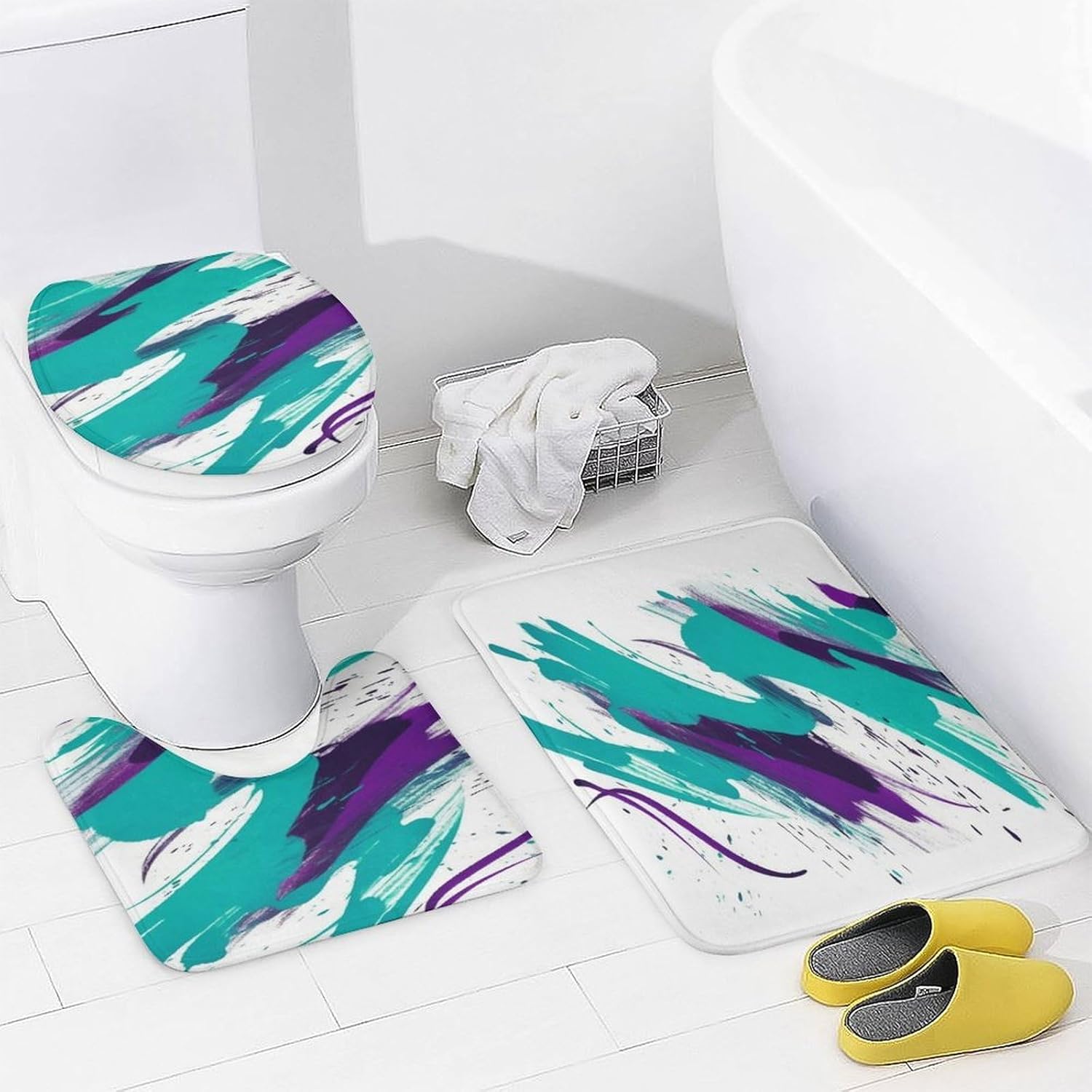 Four Piece Bathroom Set with Toilet Lid Cover and Non-Slip Rugs Minimalist Shower Curtain for Bathroom Set
