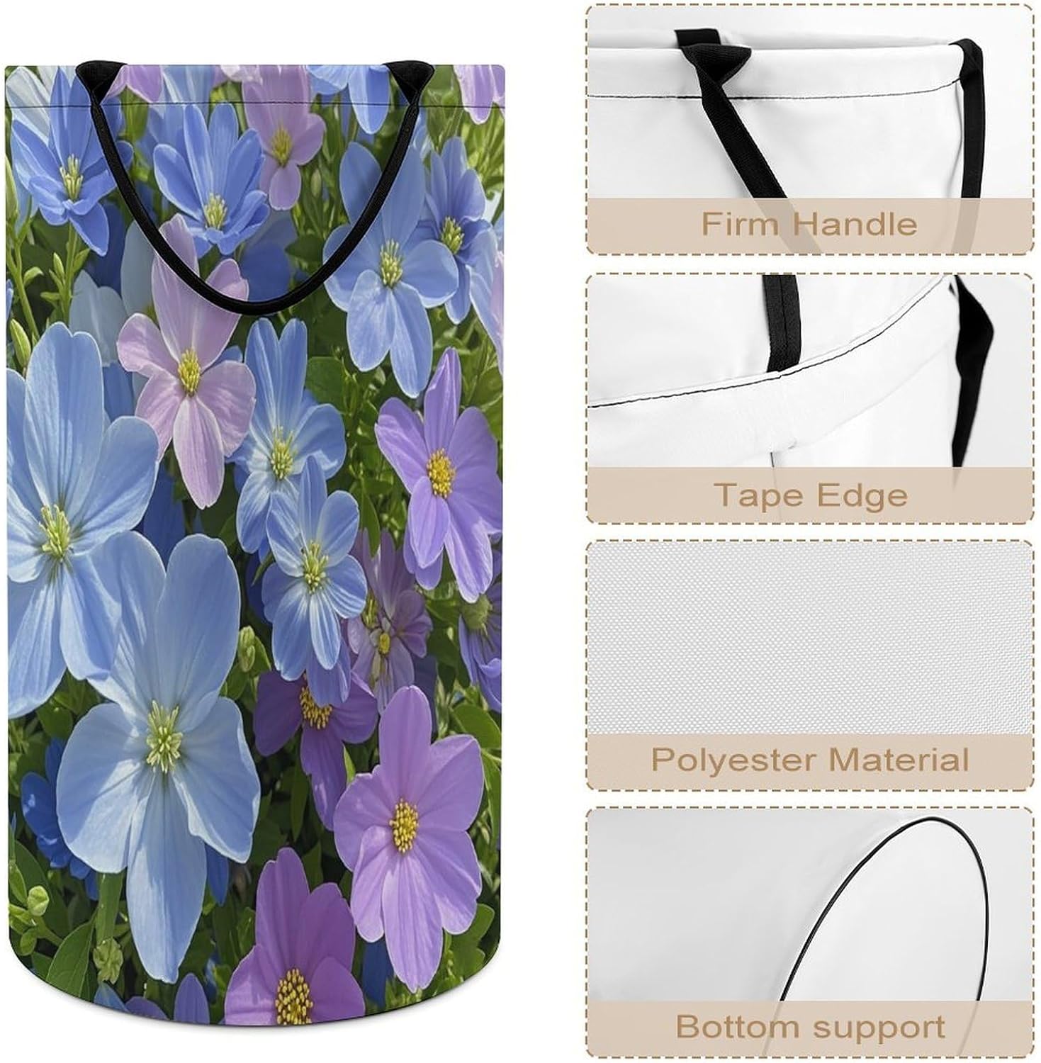 Blue Purple Flowers Laundry Basket 86L Laundry Hamper | Collapsible Clothes Hamper with Reinforced Handles Waterproof Tall Foldable Dirty Clothes Basket for Hotel, Home, Closet