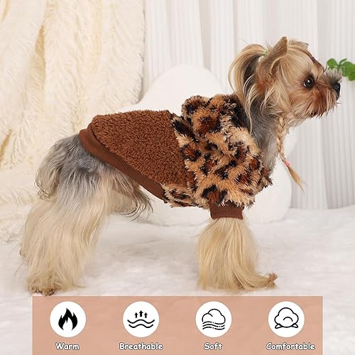 Miniatura 6 de Sudadera con capucha de leopardo para perros, suéteres de forro polar para perros pequeños, niños y niñas, otoño e invierno, ropa cálida para perros