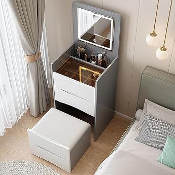 Integrated Dressing Table with Lighted Mirror Folding Cosmetic Table with Internal Storage Dressing Table with Drawer LED Mirror in 3 Colors and Stool 48 cm Gray