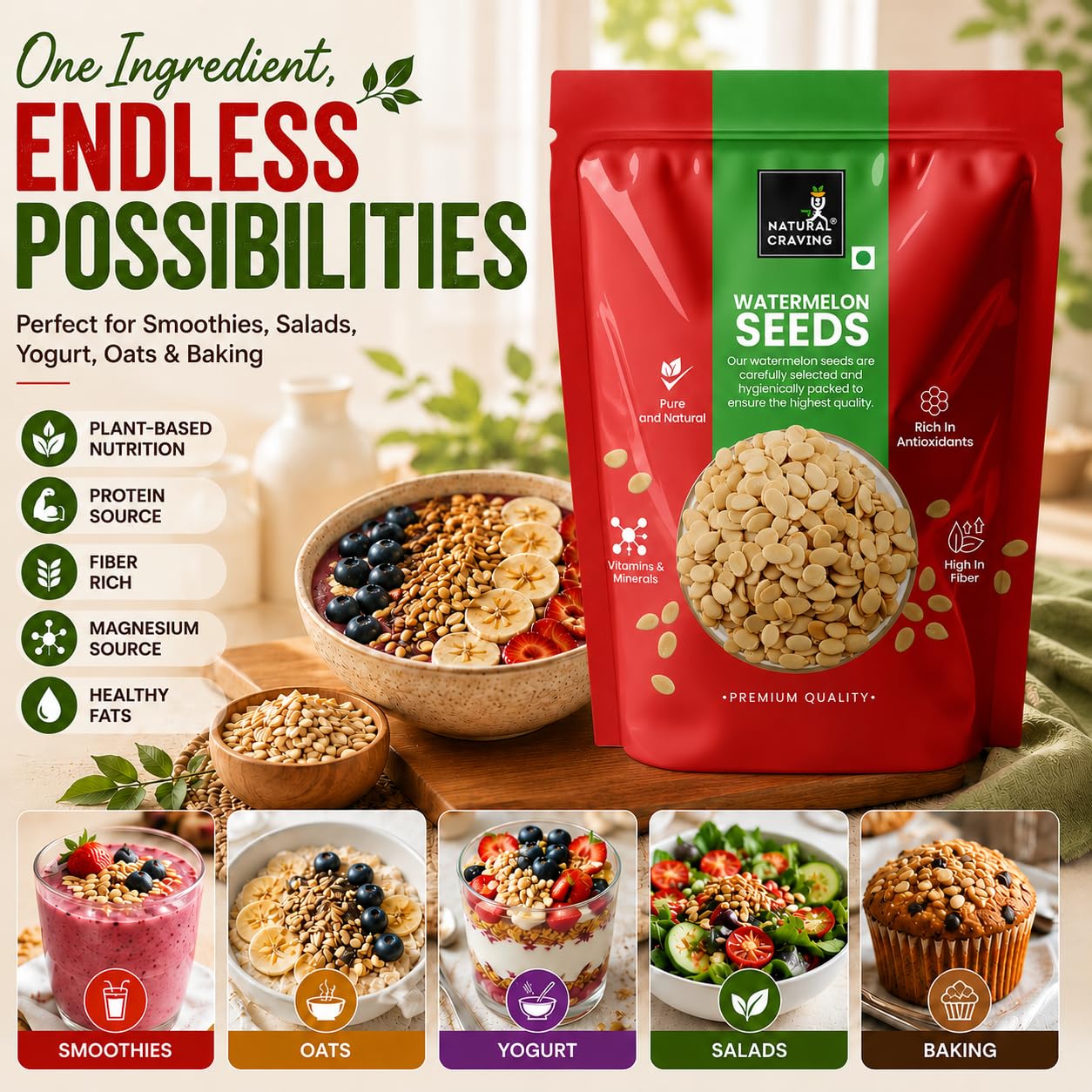 Natural Craving Super Seeds Combo Pack 400g | Sunflower, Pumpkin, Chia & Watermelon Seeds(Small Size) | Nutrient Rich | Perfect for Snacking, Smoothies & Salads(100g Each) — Amazon image 2