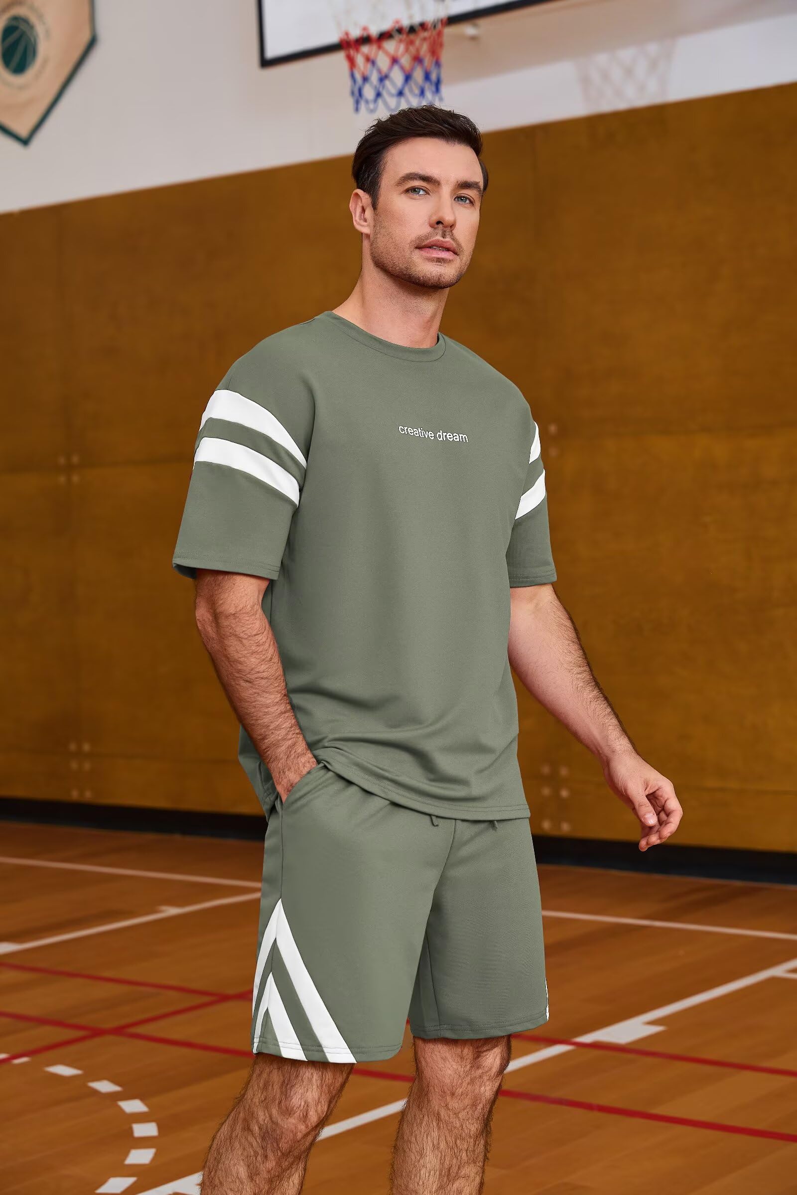 Remxi Herren Trainingsanzug Set Sommer Shorts 2 teiliges Set für Männer Gestreiftes T-Shirt Kurze Hose Jogginganzug Sportanzug Tracksuit