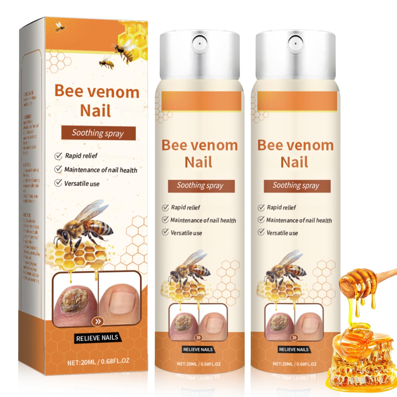 2Pcs Bee Venom Nail Soothing Spray, Advanced Nail Repair Spray, Bee Venom Toe Nail Treatments spray, Nail Care, Gently and Nourishing