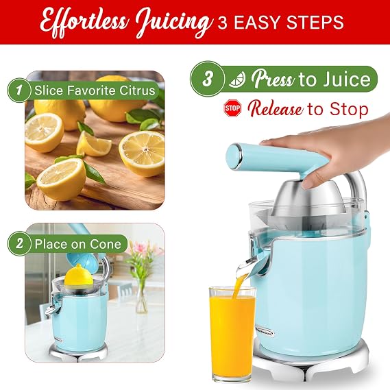 Brentwood Powerful Electric Citrus Juicer Orange, Lemon, Lime, and Grapefruit Squeezer, Ergonomic Lever, 2 Cones, Dishwasher Safe Parts (Blue, Exrta Large)