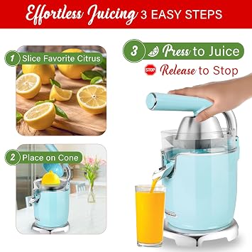 Brentwood Powerful Electric Citrus Juicer Orange, Lemon, Lime, and Grapefruit Squeezer, Ergonomic Lever, 2 Cones, Dishwasher Safe Parts (Blue, Exrta Large)