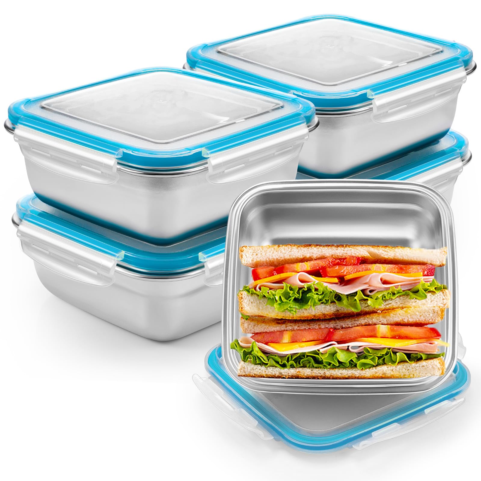 Blushtier 4 Pack Food Grade 304 Stainless Steel Sandwich Containers, Leakproof Metal Lunch Containers with Airtight Lids, Food Storage Box for Sandwiches, Snacks & Meal Prep, 25.4 oz