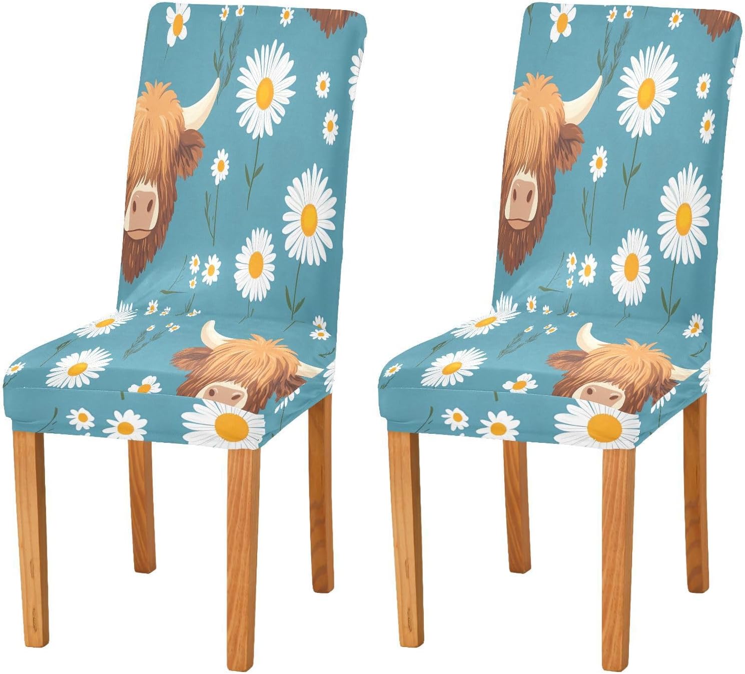 ALAZA Chair Covers for Dining Room, Highland Cattle Daisy Pattern Stretch Chair Cover Sets Chair Protector Removable Washable for Ktichen Restaurant Hotel