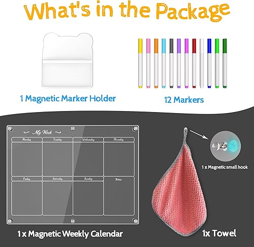 Miniatura 6 de Calendario semanal magnético acrílico para refrigerador, 16 x 12 pulgadas, calendario transparente de borrado en seco para refrigerador, tablero