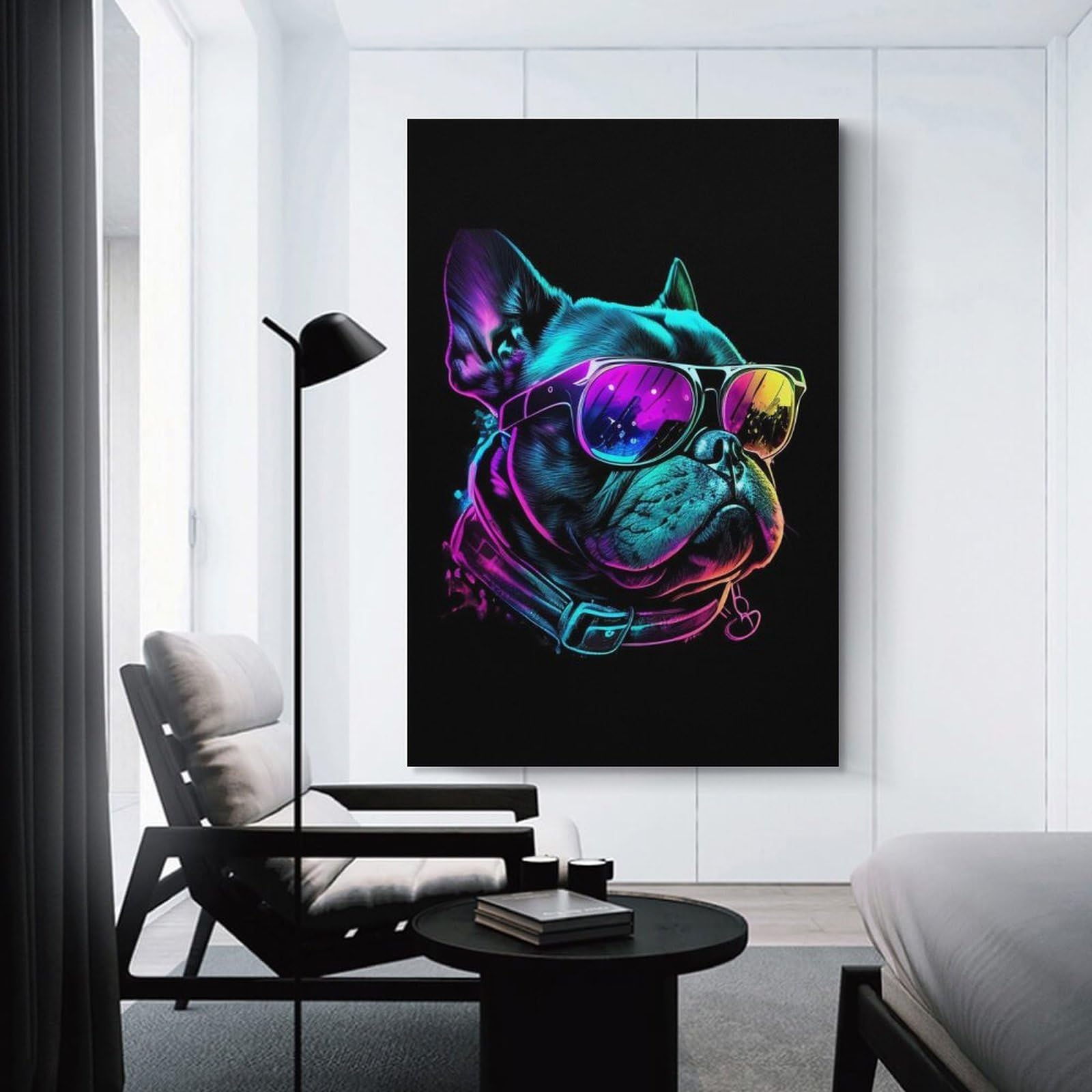 Junmoney Unframe-Style-3-1 Neon Bulldog Sunglasses Art Print Canvas Wall Art 20X30inch(50X75cm), For Study, Office Or Focused Interiors, Home Office Artwork With Decorative Appeal