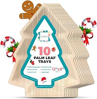 12 x 8 Inch Palm Leaf Christmas Tree Trays – Eco-Friendly Charcuterie Board Tray, Biodegradable Disposable Holiday Serving Platters (Pack of 10)