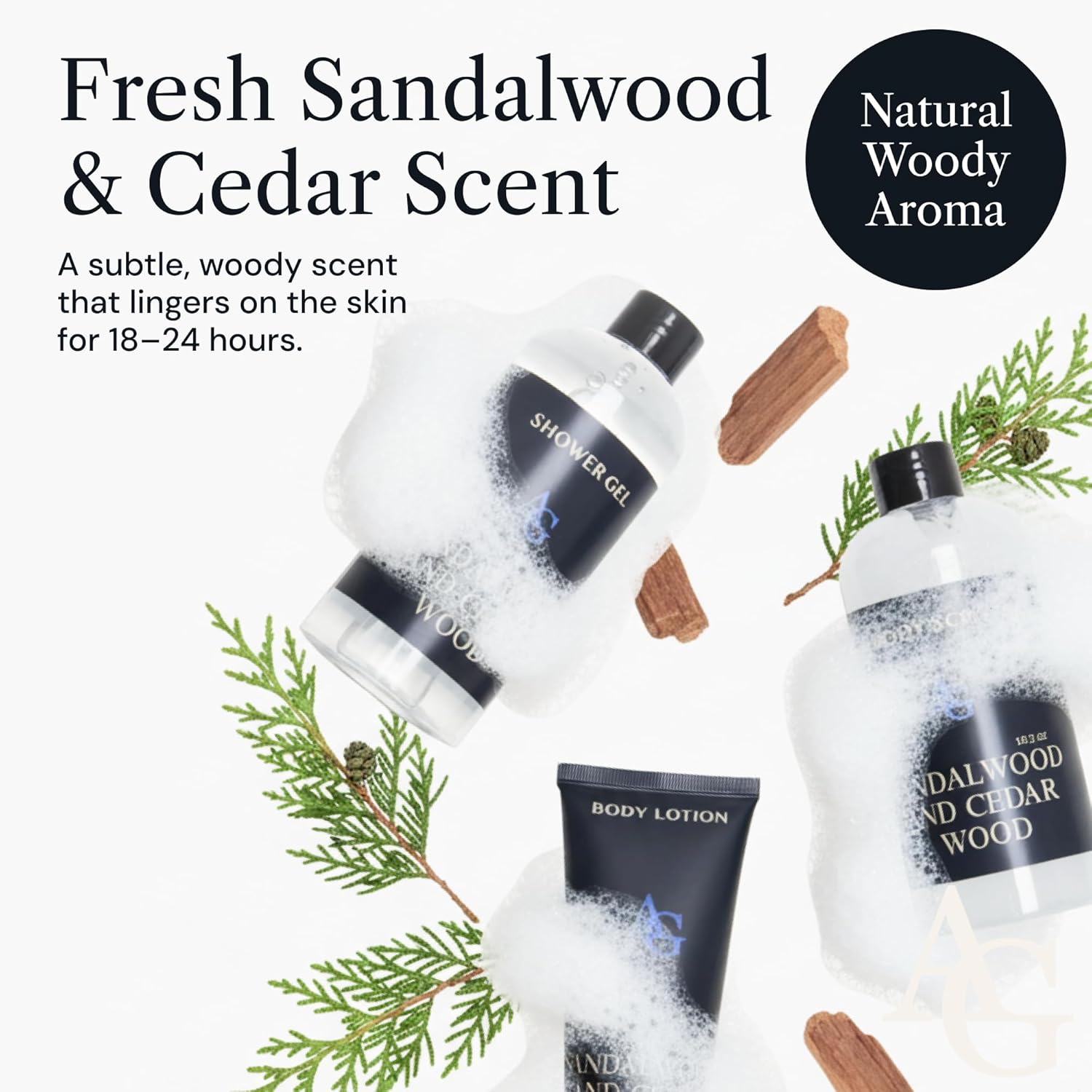 Adelegourdain Shower Kit Men, Bath and Body Gift Set For Him - Shower Gel, Body Scrub & Body Cream, Sandalwood & Cedar Scent, 3 pcs 720ml - Skin Care Kit Fathers Day Birthday Idea for Him
