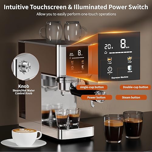 Miniatura 2 de Kismile Máquina de café expreso con espumador de leche, cafetera compacta de acero inoxidable de 20 bares con embudo de cápsulas, tanque de agua