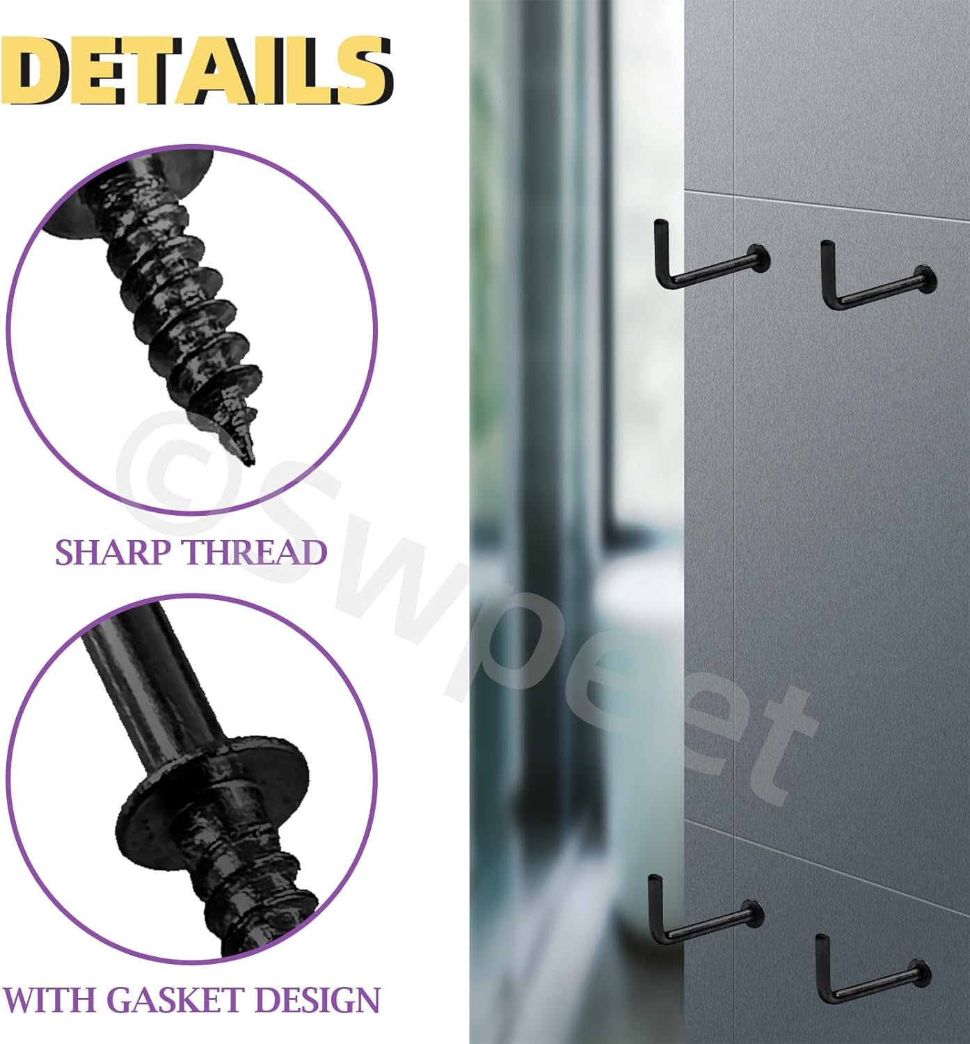 Swpeet 120Pcs 6 Sizes Black Carbon Steel Square Bend Hooks Kit, L Shaped Self-Tapping Screws Hooks L Type Photo Frame Right Angle Hook for Home/Workplace/Office Hanging