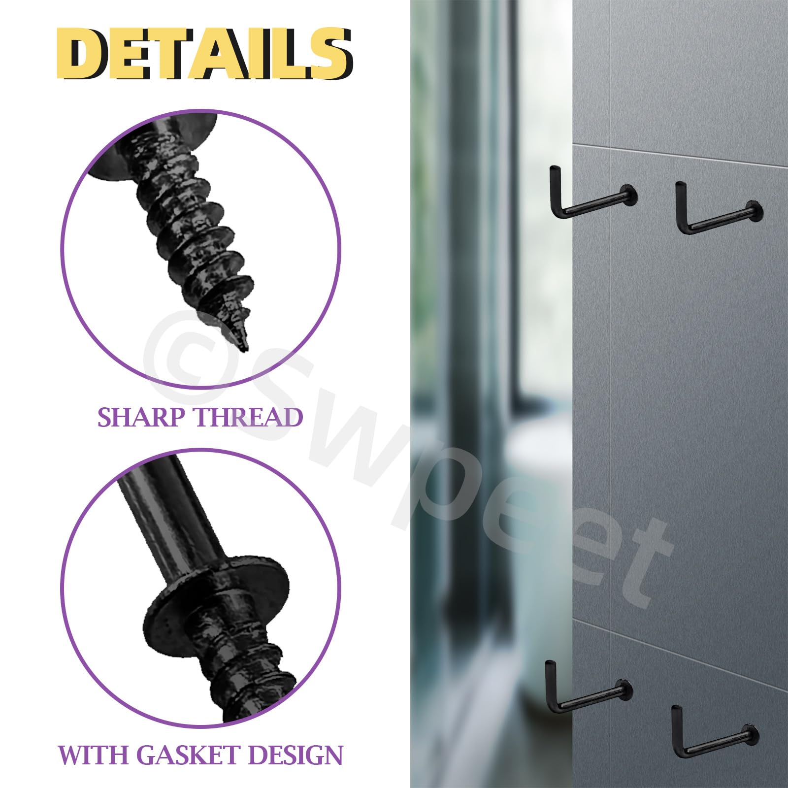 Swpeet Kit di 120 ganci quadrati in acciaio al carbonio nero, 6 misure, viti autofilettanti a forma di L, ganci ad angolo retto per casa, posto di lavoro, ufficio