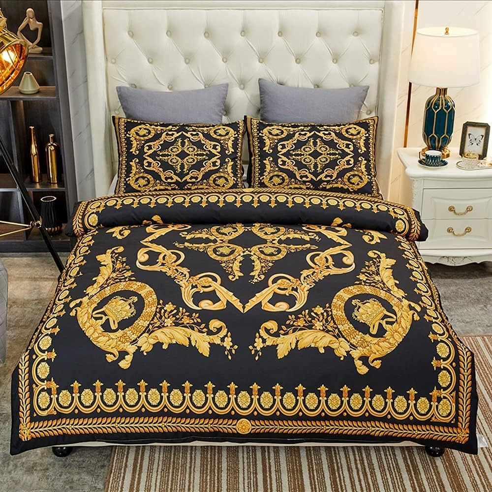 Paisley Black Gold Flower Microfiber Bedding Set, Modern Luxury Design Baroque Floral Pattern All Season Comforter Set with Pillow Cases(Queen,3pieces)